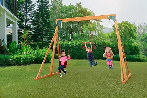 Trailside Juego de columpios de madera de cedro para patio trasero H 87 pulgadas L 89 pulgadas de ancho 120 pulgadas Accesorios rojos Incluye 2