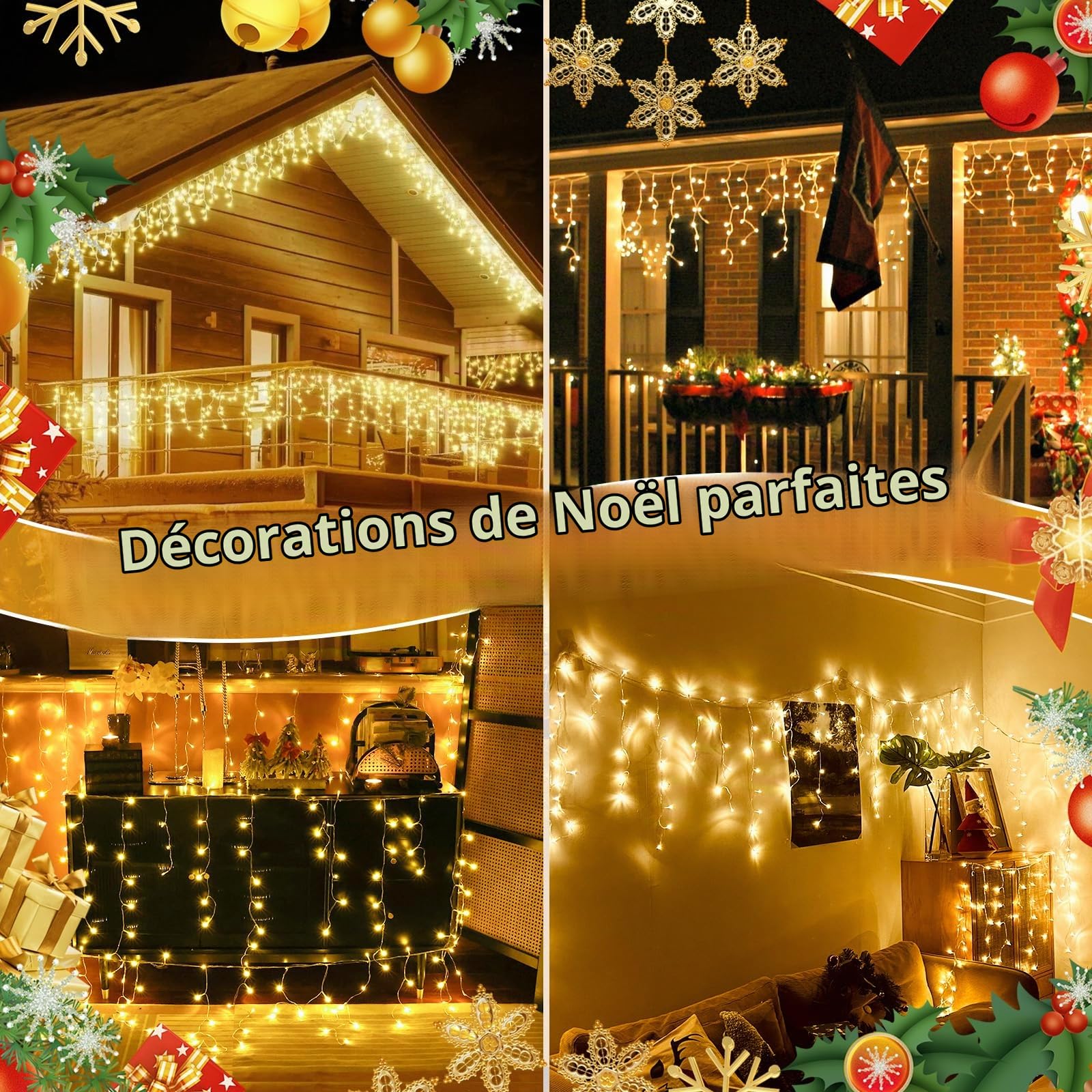 Auriostar Guirlande Rideau Lumineux Noël, 15M 594LED Guirlande Lumineuse Noel Exterieure et Intérieur Étanche IP44, 8 Modes Guirlande Iumineuse pour Décoration Noel, Balcon, Toit, Jardin, Blanc Chaud