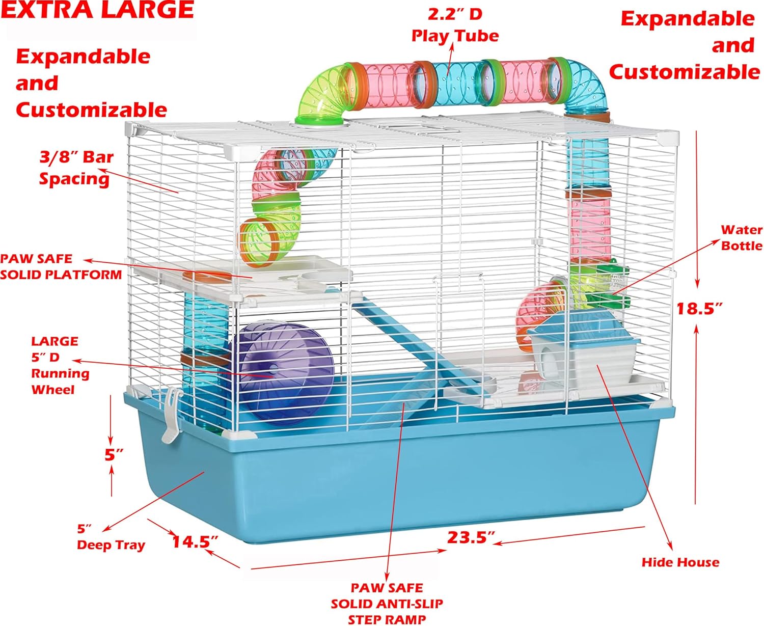 Extra Large 3-Levels Habitat Dwarf Hamster Mansion Mouse House for Rodent Gerbil Mice Rat with Crossover Tube Tunnel Expandable and Customizable with Exercise Running Wheel Food Bowl Water Bottle