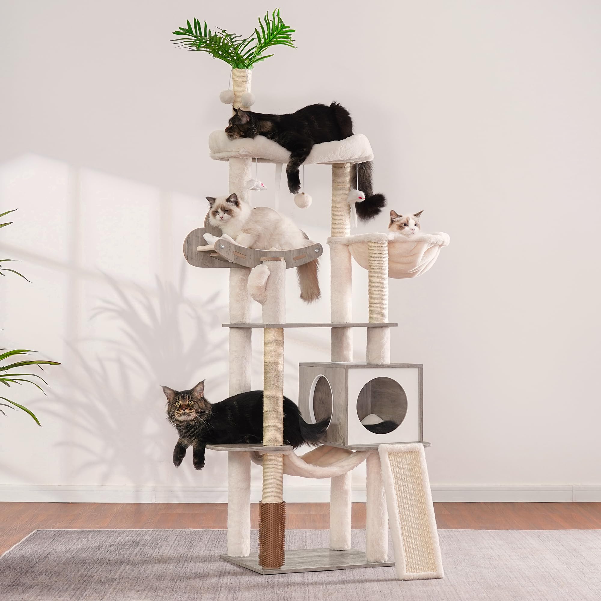 Heybly Albero per Gatti, Alto 156 cm Tiragraffi per Gatti Moderno, con 5 Pali Graffiatoi, 2 Posatoi, 1 Grotta, 1 Cesto, 1 Amaca, 3 Pompon, in Peluche a Più Livelli, Greige HCT120SG
