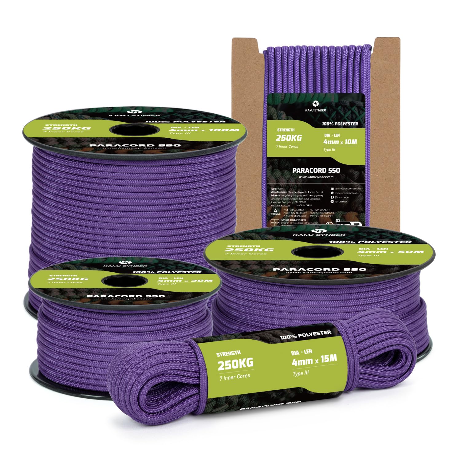 Kamu Synber Paracord 550 Type III 4mm 15m 7 Strands 100% Polyester Rope Parachute Cord Ideal for Crafting, Outdoor, Survival | Support 250kg | Purple