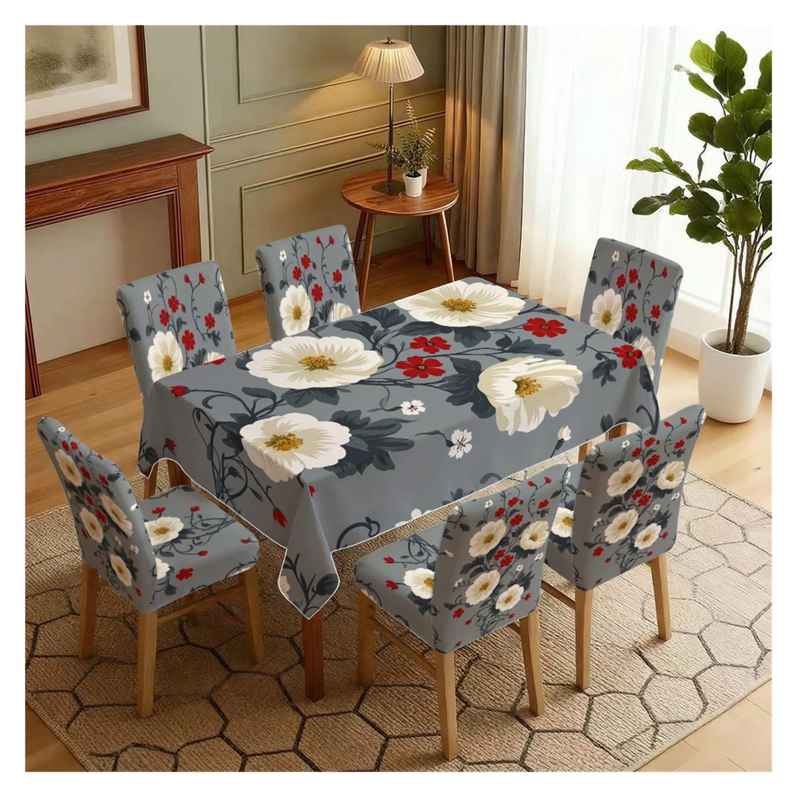 BOSUYBN Grey Base White Poppy Red Berry Floral Printed Dining Tablecloth & Chair Covers Set, 5/7 Piece Vintage Cottage Home Decor Table Setting(7pcs Set: Tablecloth+Chair Covers)