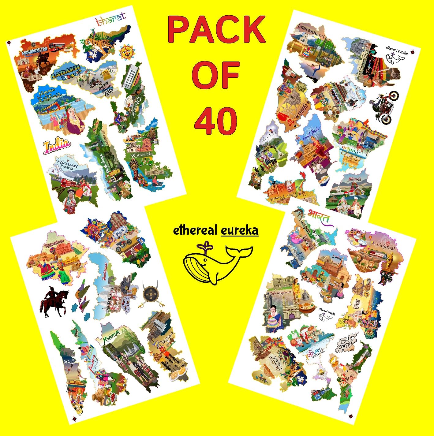India Heritage State-Shaped Educational Sticker Set (40 Stickers) Waterproof Stickers for Laptops, Journals, Scrapbooks, Water Bottles & Guitars, self-Adhesive, Peel & Stick Design, Residue-Free