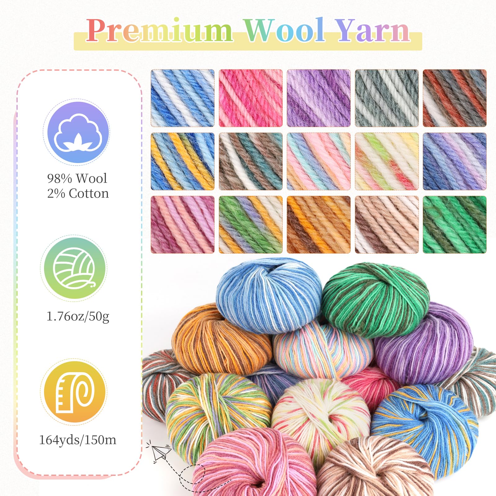 Coopay Wollgarn zum Häkeln & Stricken, 15 Knäuel Premium Wollgarne | Wollmischgarn, 60 % Wolle, 40 % Polyester, 50 g, 129 m, #3 DK-Garn für Kleidung, Schals, Decken, Schals (Mehrfarbig B)