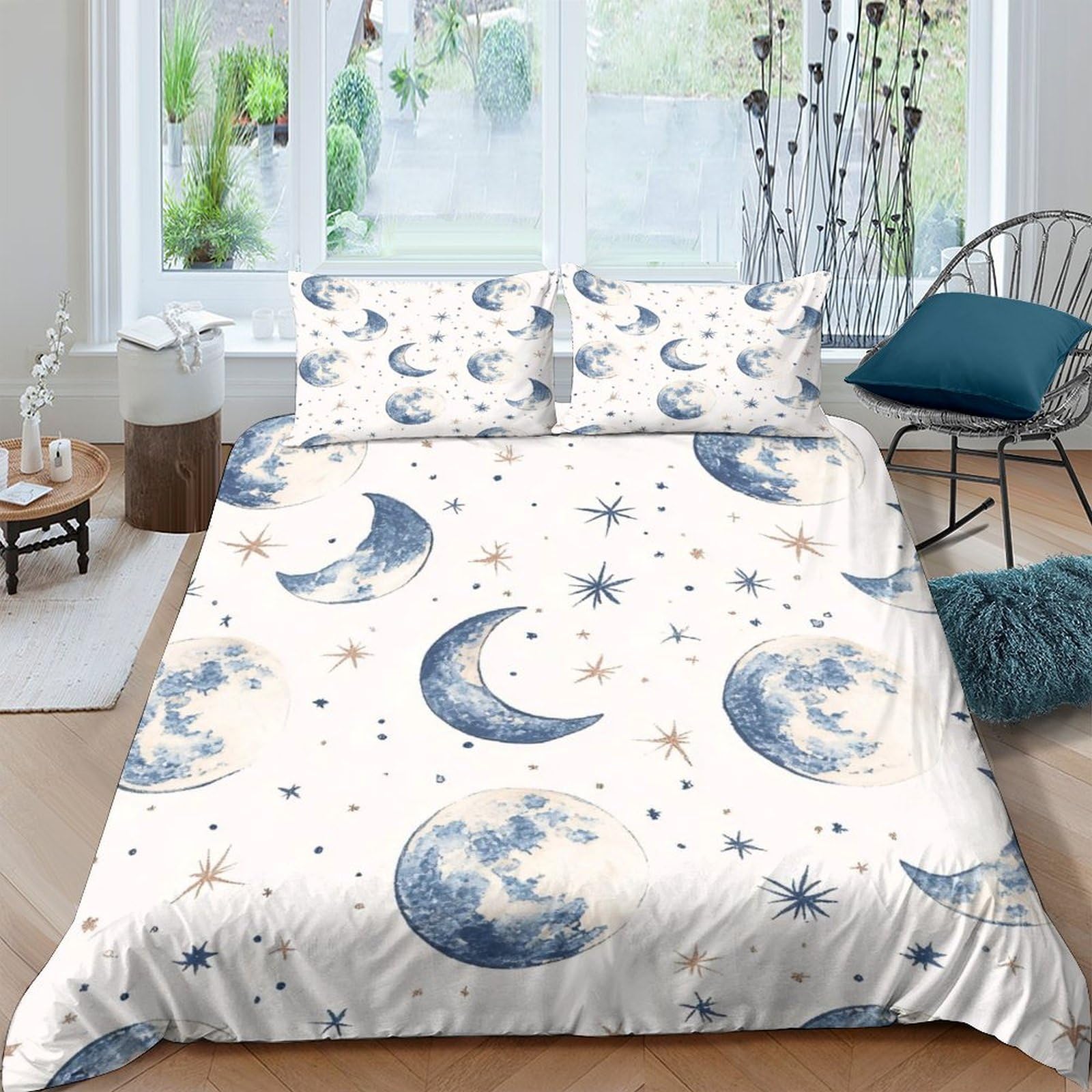 Ctjqhvkz Style-6 3D Printed Blue Moon Star Fitted Sheet Microfiber Anti-Slip Celestial Sky Mattress Cover Bedroom Dorm Easy Care Single（135X200cm）