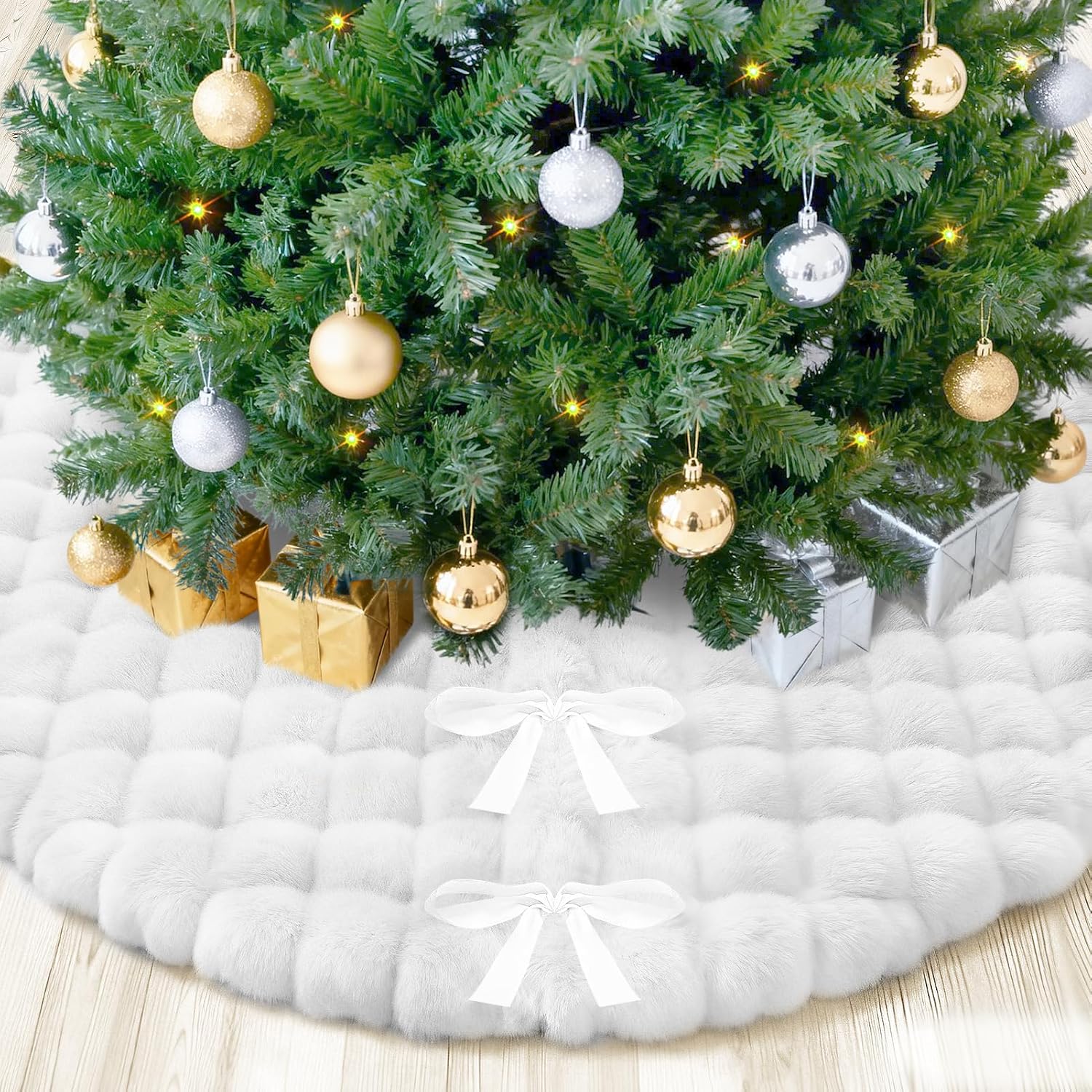 60in Large Faux Fur Christmas Tree Skirt - White Rug for Christmas Tree Decorations, Soft Plush Trees Base Cover Area Home Decor