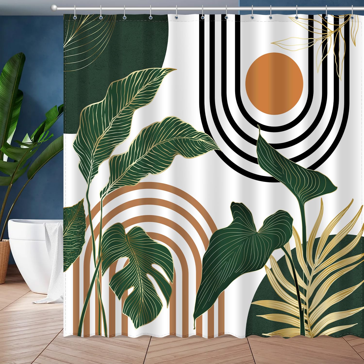 Boho Mid Century Shower Curtain, Bohemian Modern Abstract Minimalist Aesthetic Bathroom Decor Tropical Botanical Leaves Waterproof Fabric Cloth Bath Curtain with 12 Hooks (Boho 2, 72x72 Inches)