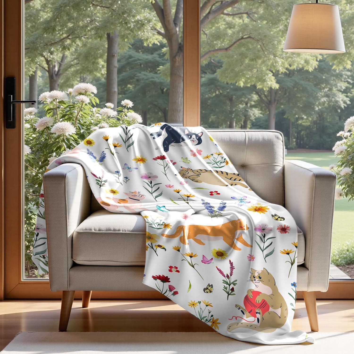 Floral Throw Blanket Birthday Gift for Women Mom Girls Kids Cat Lover Cat Flower Blanket Summer Wildflower Flannel Blanket Watercolor Printed Throw for Couch Sofa Bed Chair 50"x60" - Image 6