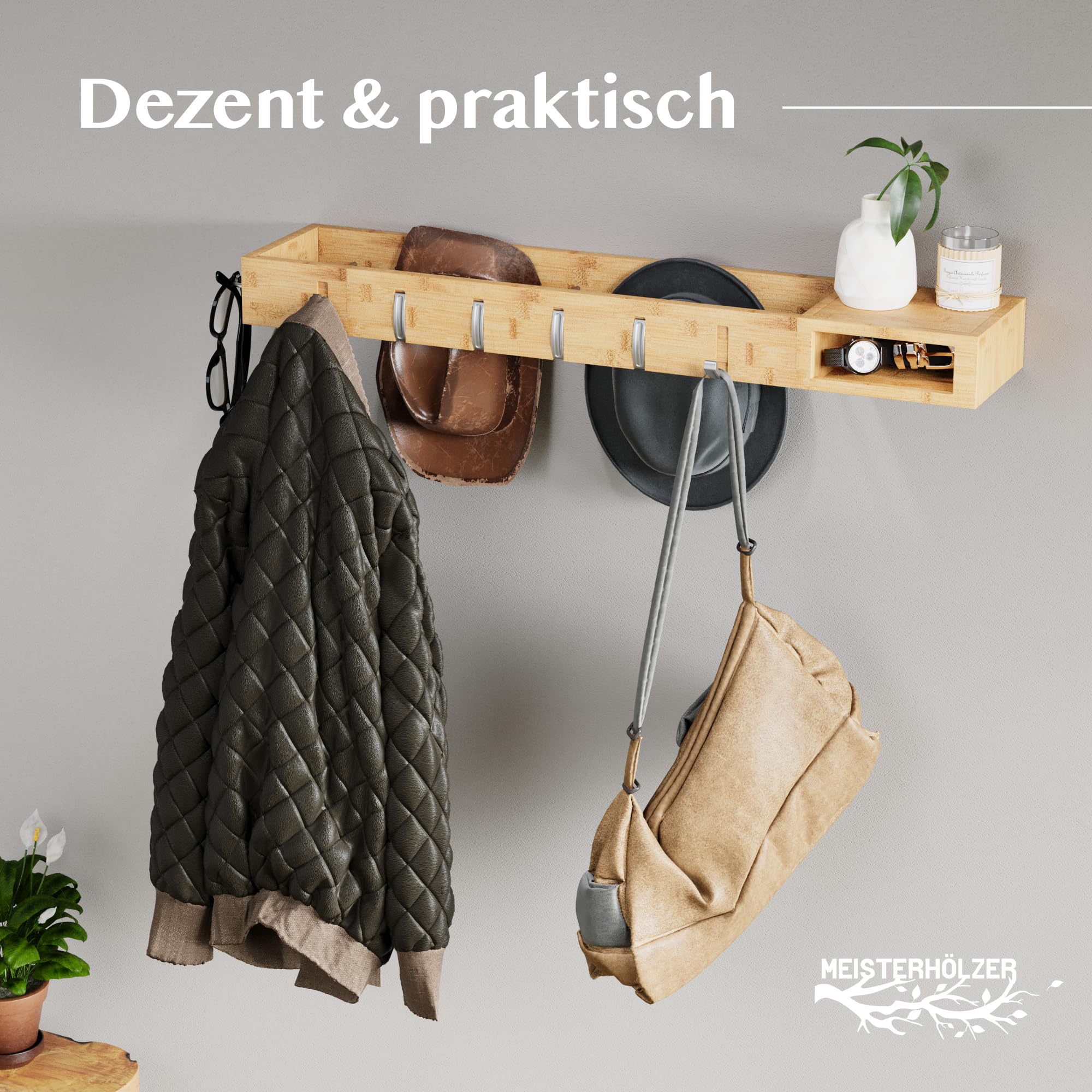 Wandgarderobe Holz – Platzsparende 4in1 Garderobe - 100cm | Garderobenpaneel mit Ablage, Haken, Kleiderstangen, Brillenhalter – Garderobenleiste für Flur, Schlafzimmer, Wohnzimmer