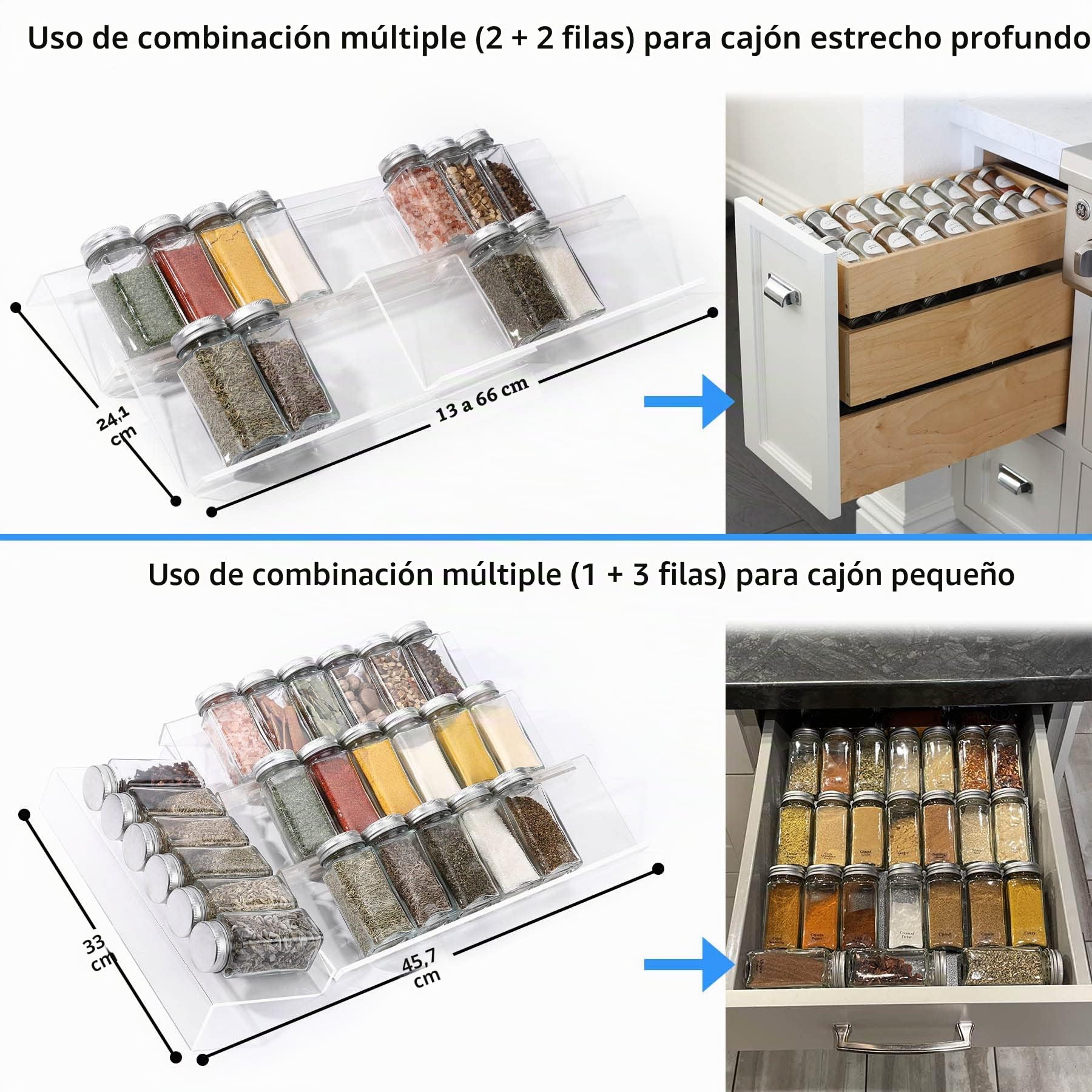 Organizador de cajones de especias de acrílico transparente, 4 niveles, 2 juegos expandibles de 13 a 26 pulgadas, bandeja de especias de cocina para cajón/encimera (tarros no incluidos)