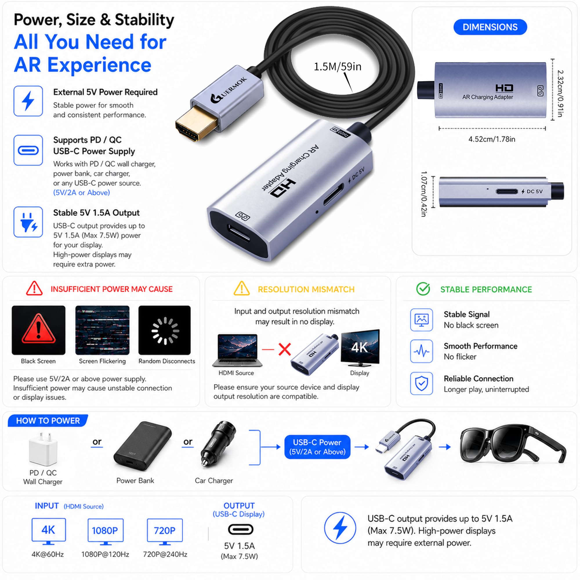 Guermok AR Glasses HDMI to USB-C Display Adapter, 4.9ft 4K@60Hz Play and Charge AR Converter with DC 5V, for XREAL One/Air 2 Pro/RayNeo/Rokid, Switch 2/1, Xbox1, PS4/5, Portable Monitors, Silver