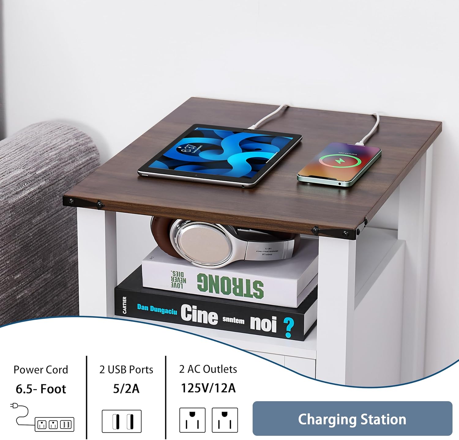 End Table with Charging Station Farmhouse Night Stand for Living Room, White Nightstand for Bedroom Furniture, Storage Cabinet with Open Shelf, Wood Bed Side Tables with Mesh Door for Couch or Sofa