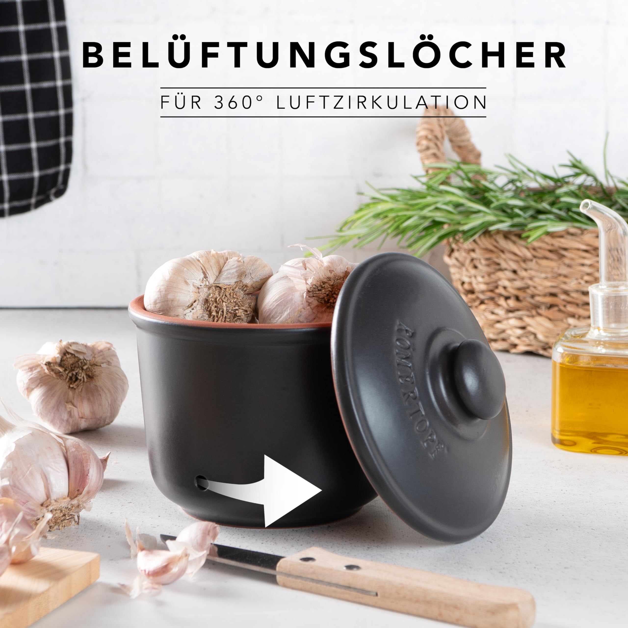Römertopf Contenitore per Aglio 0,6 Litri in Ceramica – Conserva Aglio Fresche più a Lungo, Traspirante e Areato, Nero, tradizione dal 1967