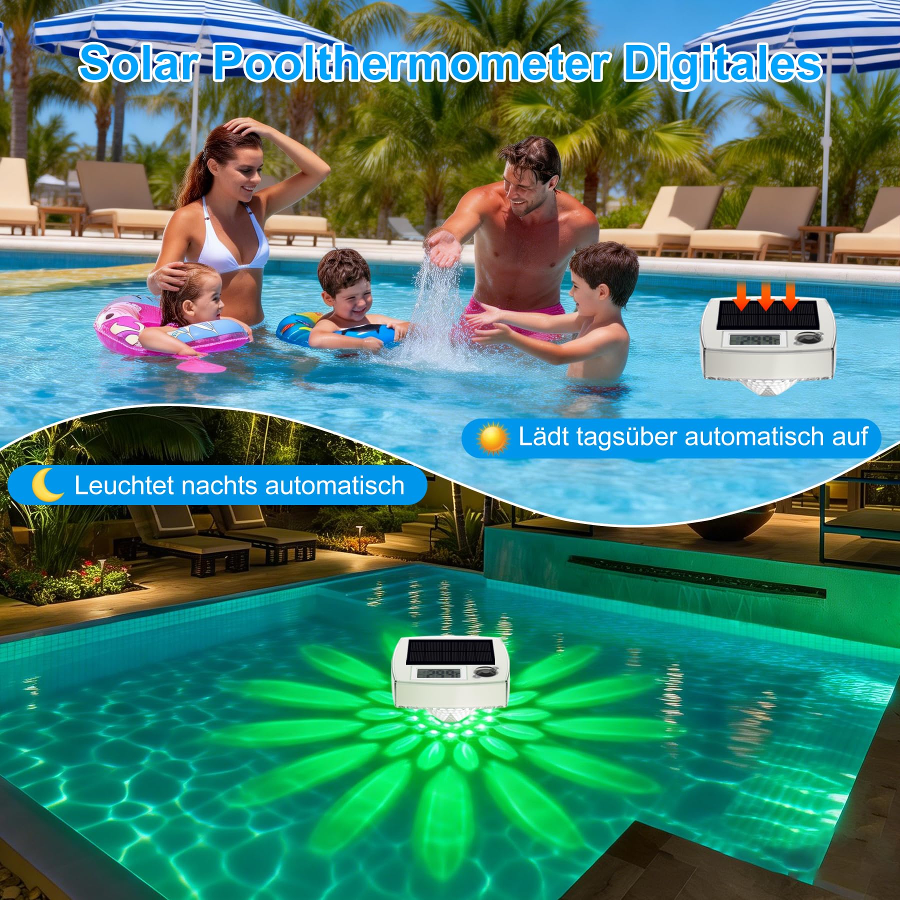 Solar Pool Thermometer Digital, IP68 wasserdicht – Schwimmend,RGB-Nachtlicht,Großer LCD-Display, Tag/Nacht-Sensor,8 Lichtmodi,Manuelle Steuerung,für Schwimmbecken,Spa,Teich