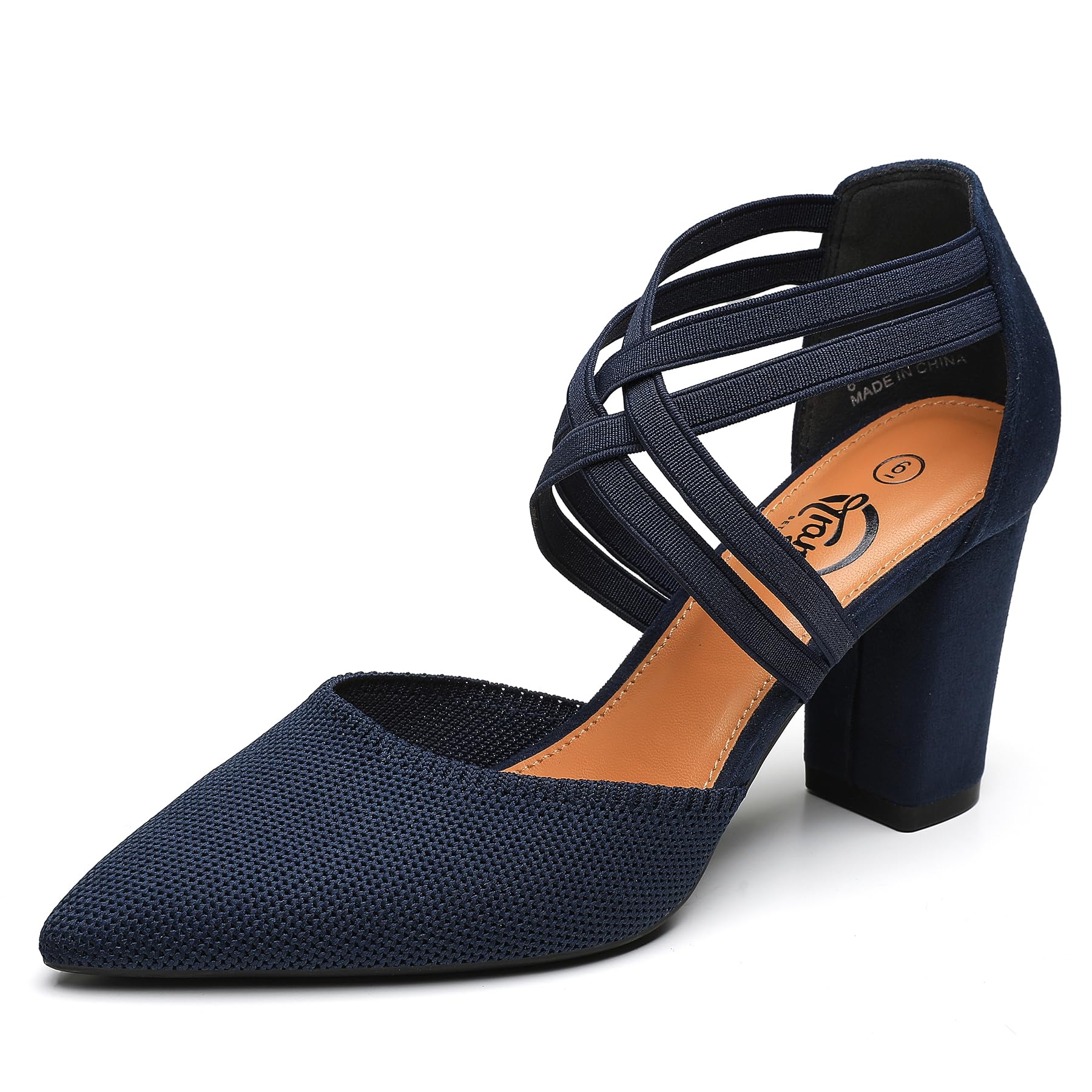 Trary Women's Low Heels Pumps Chunky Closed Pointed Toe Block Heels for Women Dress Shoes Elastic Crisscross Strappy 3.5 Inch Comfortable for Wedding