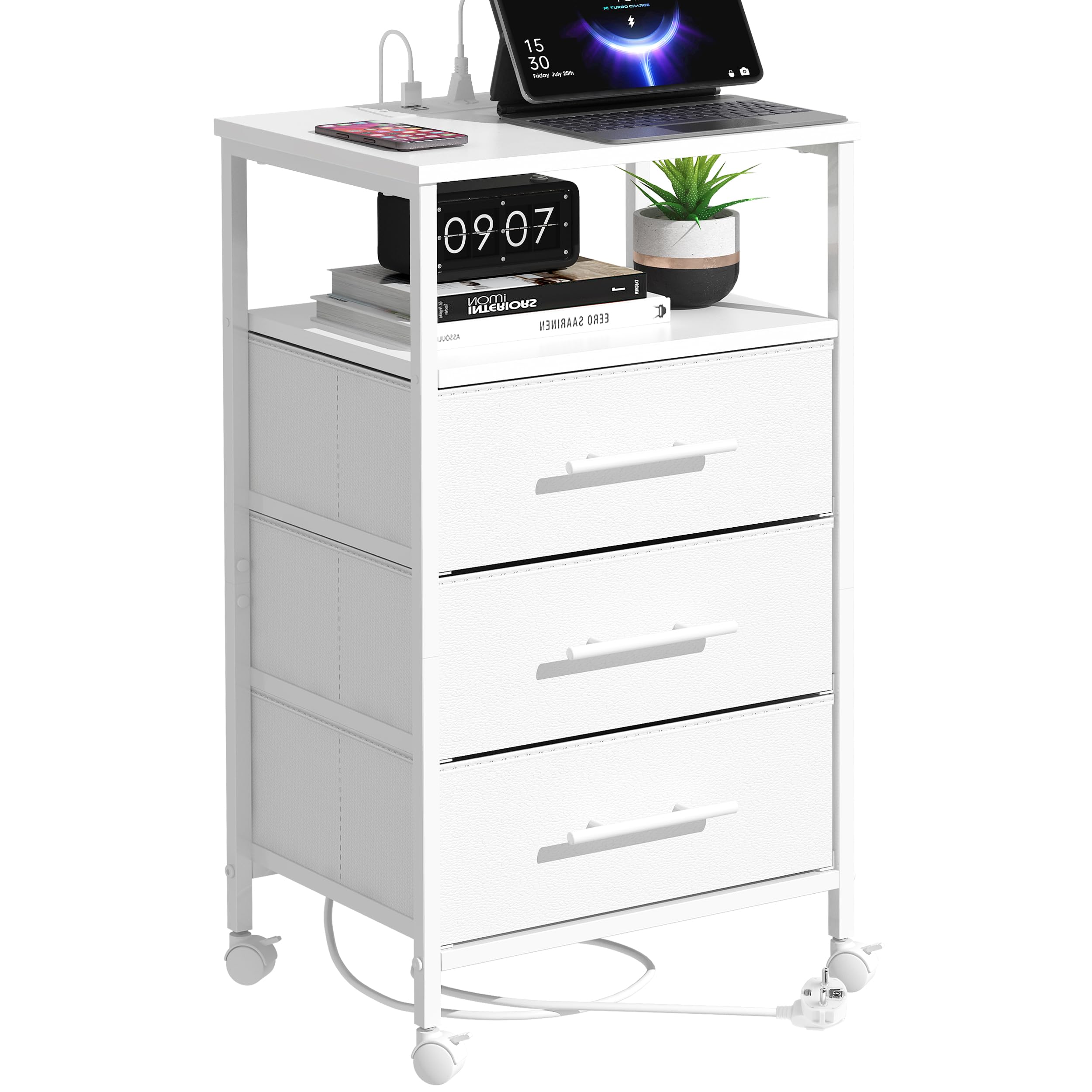 MYGIIVOVOBedside Table with Charging Port, Bedside Tables with 2 AC Outlets and 2 USB Ports, Bedside Table with Universal Wheel, Metal Frame and Fabric Drawers, for Bedroom, Living Room