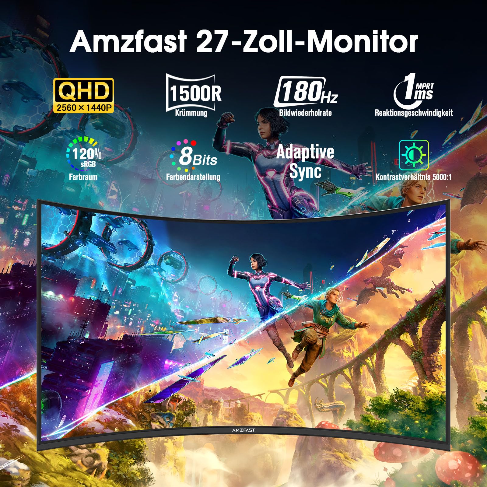 Amzfast Monitor da Gaming Curvo 1500R con Adaptive-Sync, HDMI/DisplayPort, 27 Pollici 180Hz/QHD