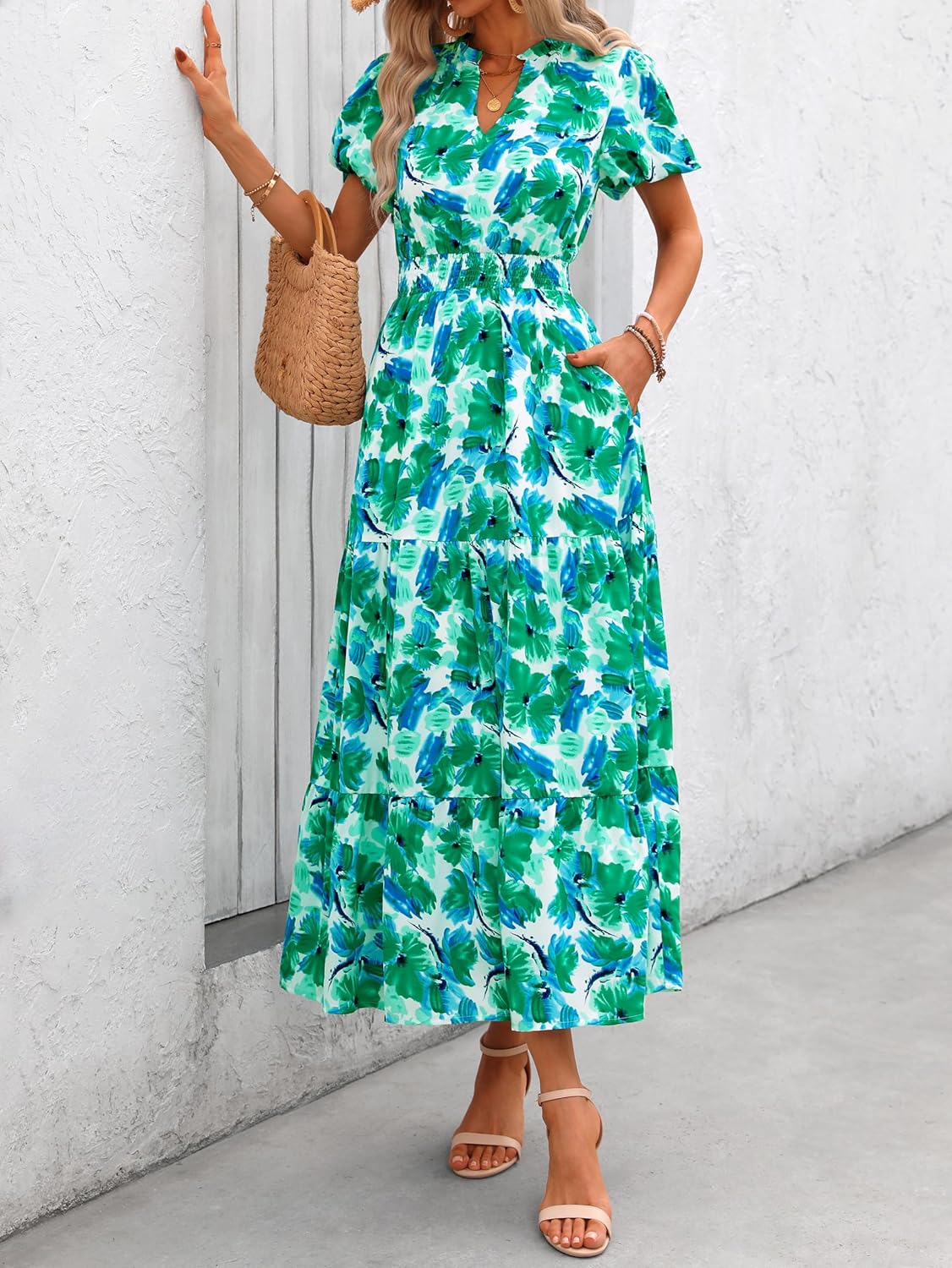 MASCOMODA Summer Maxi Dresses for Women 2026 Casual V Neck Puff Short Sleeve Smocked Flowy Beach Boho Long Floral Dress - Image 5