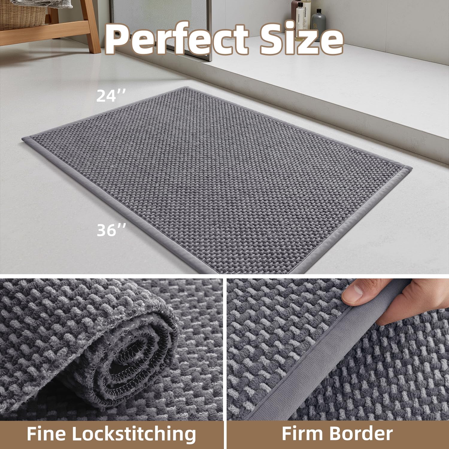 PADOOR - Tapete de baño de felpilla superabsorbente, con parte trasera de goma, antideslizante, lavable a máquina, parte delantera de la bañera, ducha, lavabo, 61 x 91 cm, gris y gris oscuro