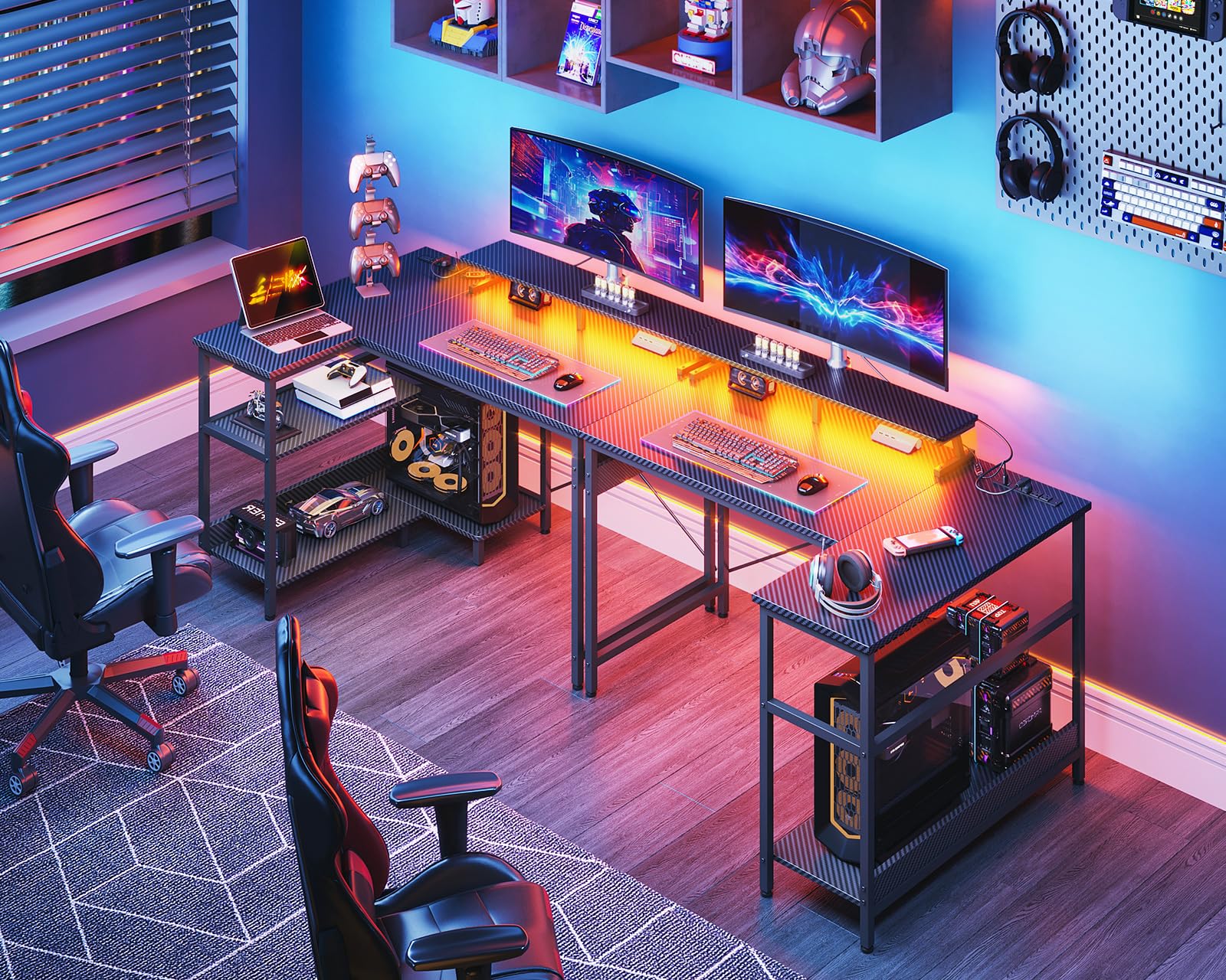 ODK 40 Inch Gaming Desk with USB Power Outlets and LED Lights, Reversible L Shaped Computer Desk with Storage Shelves & Monitor Stand, Corner Home Office Desk Table, Carbon Fiber Surface, Black