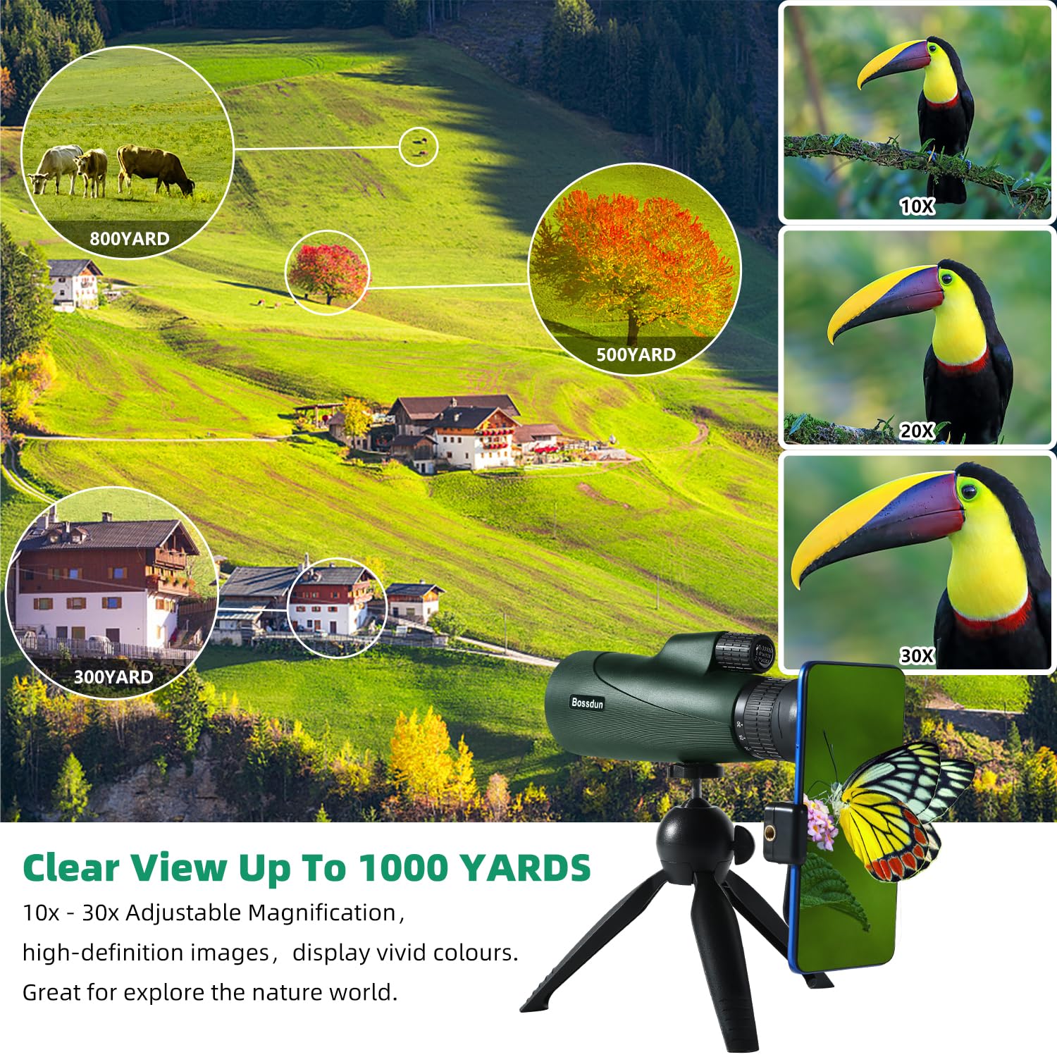 10-30X50 HD Monokular Teleskop, BAK-4 Prisma Zoom Fokus Monokular für Erwachsene mit Smartphone Adapter & Stativ Tragbares Monokular für Jagd Wandern Stern Vogelbeobachtung Grün