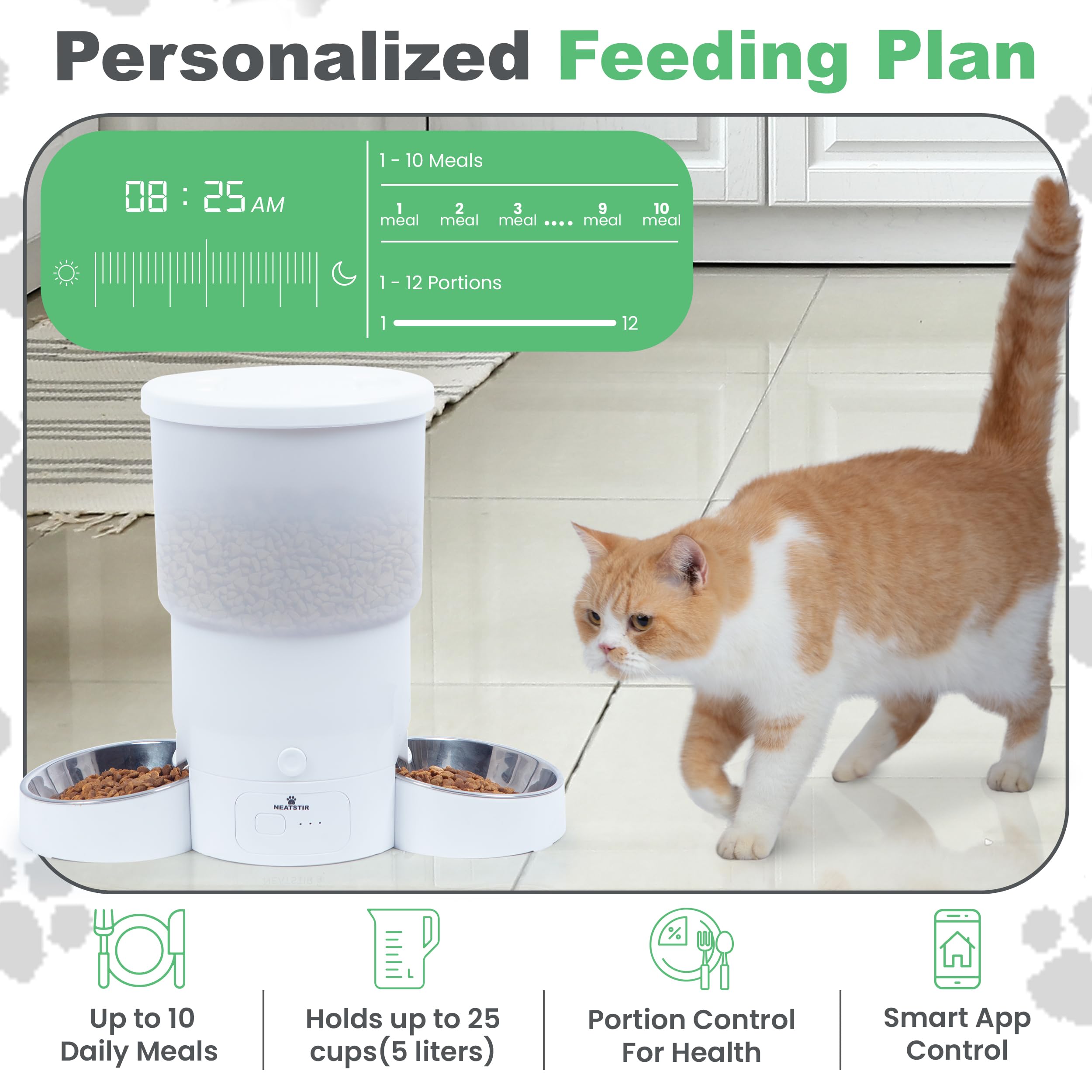 Automatic Cat Feeder for 2 Cats – Dual Food Dispenser with App Control, 5L Capacity (20 Cups), Smart Cat Food Dispenser for Multi Cats, Dual Pet Feeder with Stainless Steel Bowls and WiFi