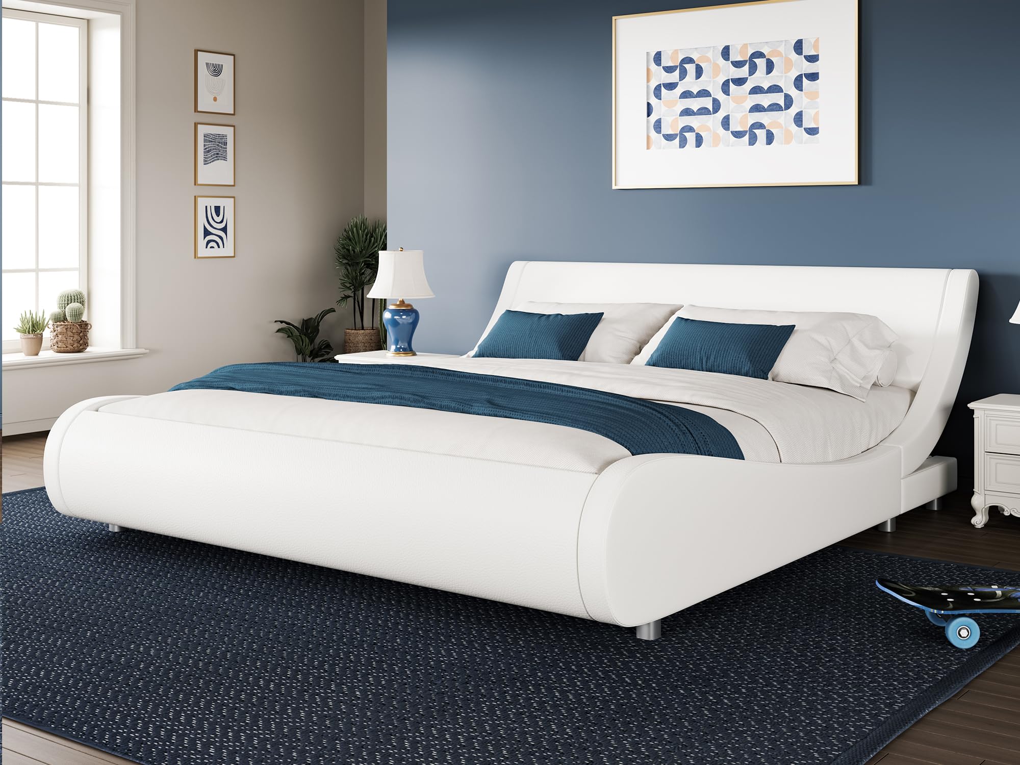 WEEWAY Modern Full Size Upholstered Platform Bed Frame Faux Leather Sleigh Bed with Adjustable Headboard Strong Wood Slats