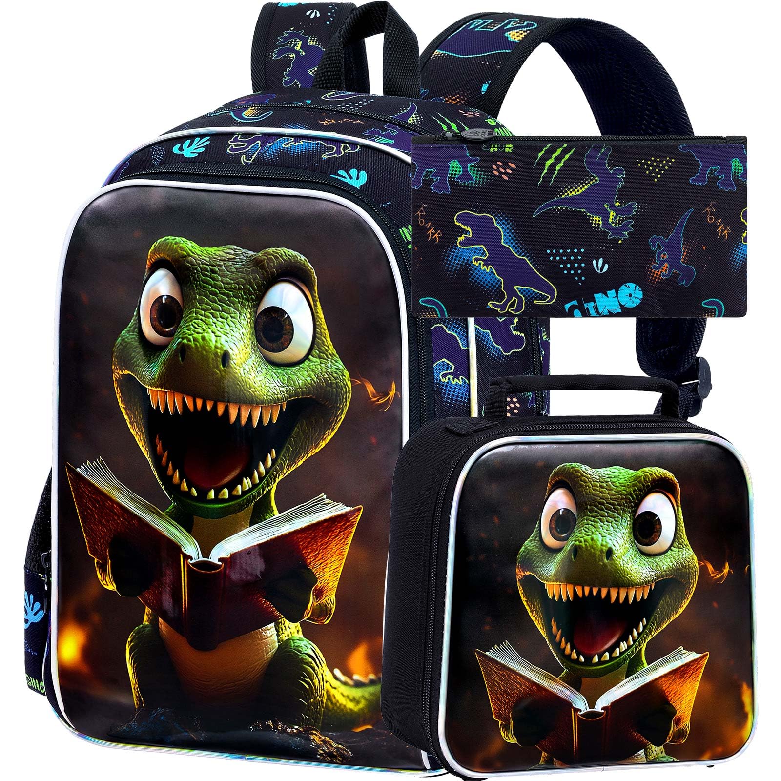 3Pcs Dinosaur Backpack, Boys Kids Bookbag with Lunch Box, 16" Dino School Backpacks for Elementary Preschool Kindergarten (Black)