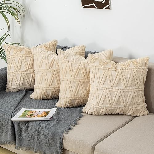 Junfawn Juego de 4 fundas de almohada decorativas de 16 x 16 pulgadas para sofá cama, fundas de cojín bohemias suaves de lana corta sintética para