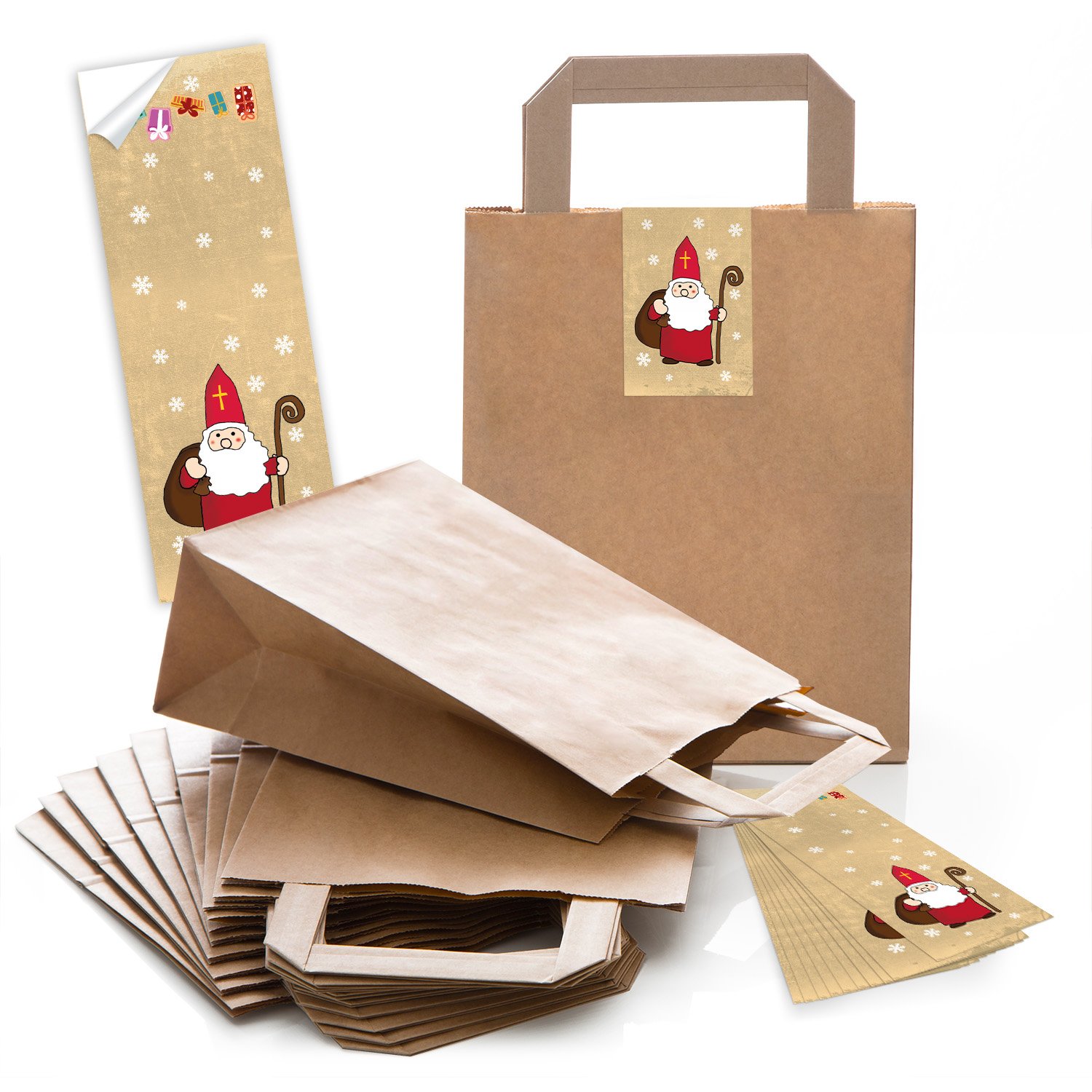 50 brązowych torebek papierowych torebki na prezenty bożonarodzeniowe 18 x 8 x 22 cm małe torebki papierowe + naklejka bożonarodzeniowa Świąteczny Mikołaj Szanta czerwona naturalna torba na prezent Boże Narodzenie opakowanie