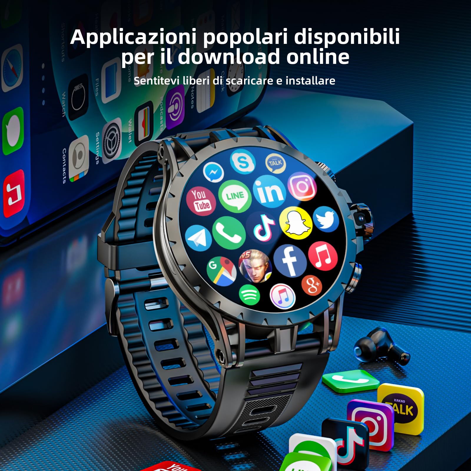 LOKMAT 4G SIM-Karten-Smartwatch, schermo AMOLED da 1,508 pollici, 3 GB + 32 GB, smartwatch per uomini e donne con fotocamera girevole, WiFi, GPS, Android 8.1, orologio Fitness Activity Tracker