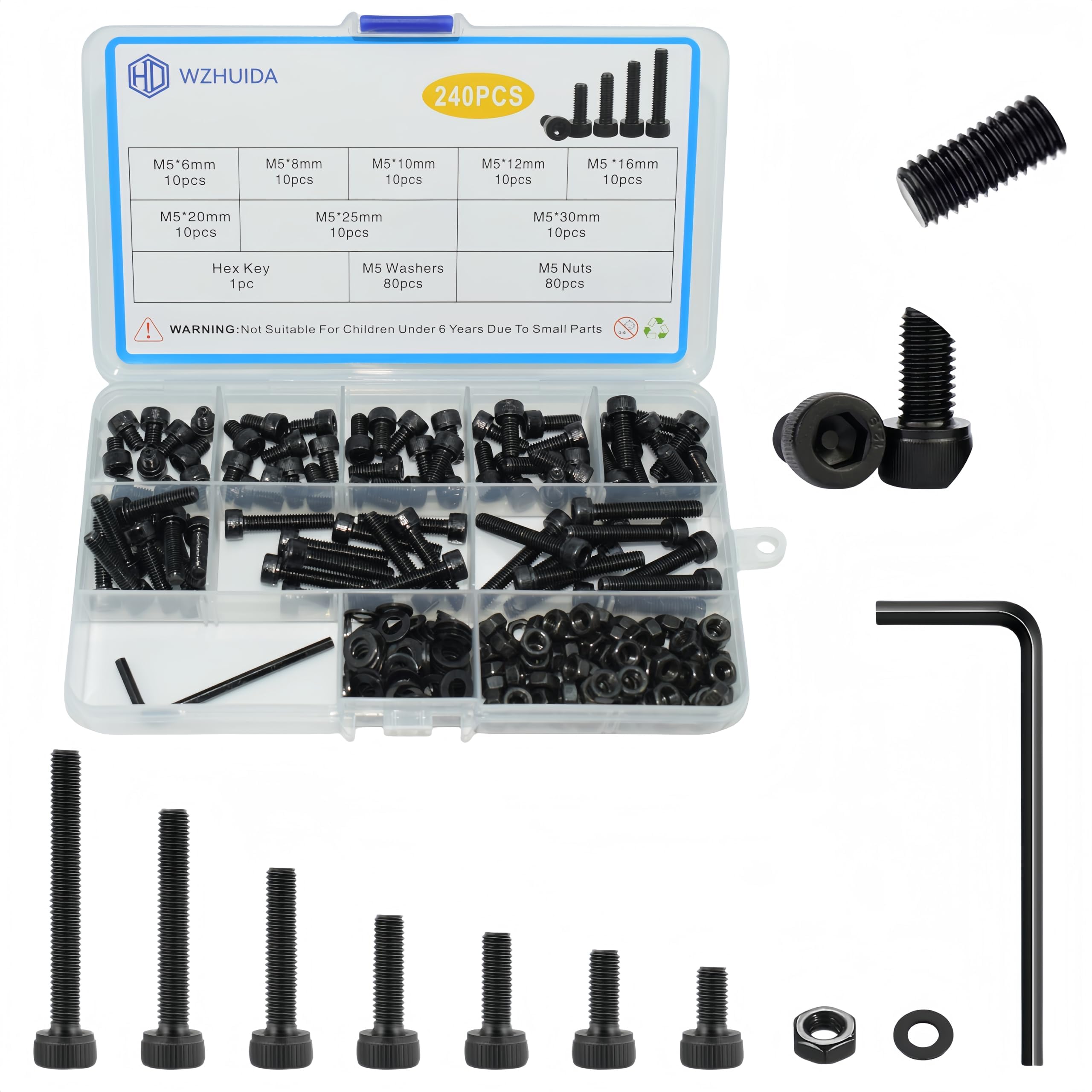 WZHUIDA 240 Stück M5 Schrauben Set, Schwarz Metrisch Zylinderkopfschrauben Innensechskant Schrauben Muttern und Unterlegscheiben Sortiment Set, Gewindemaschinen Sechskantschrauben