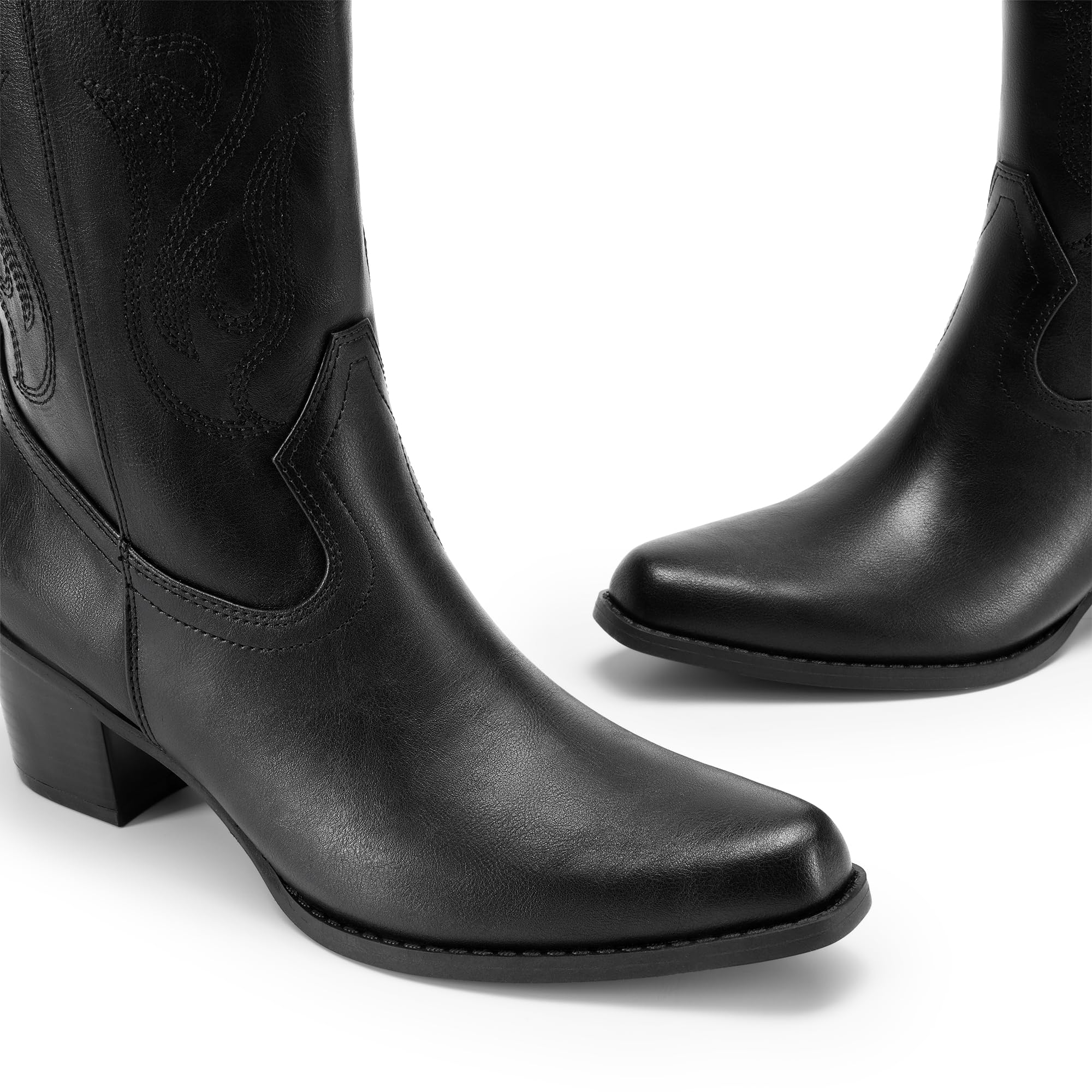 DREAM PAIRS Stivali da cowboy da donna con punta quadrata, stivali da cowgirl ricamati a metà polpaccio, stivali alla moda con tacco basso e grosso, per feste a tema, concerti in campagna