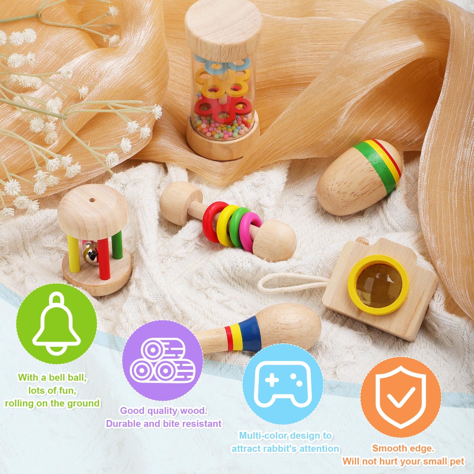 BOXOB 6pcs Rabbit Toys, Wooden Bunny Toys Colorful Bite-Resistant Enrichment Toys Chew and Treat for Guinea Pigs Hamster - Image 3