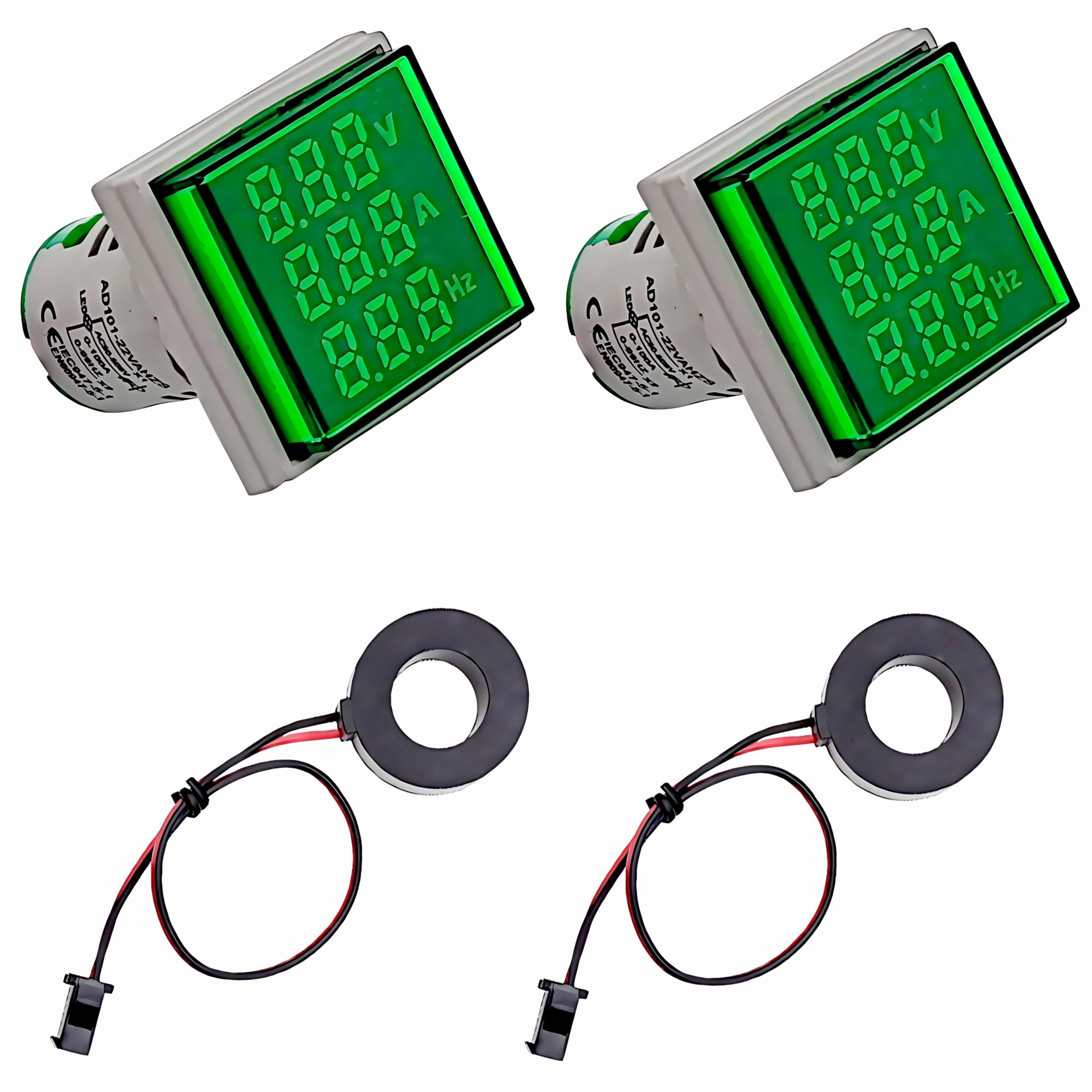 SazkJere 2PCS 3 in 1 Digital AC Current Voltage Frequency Indicator Square LED Display Voltmeter Ammeter Hertz Meter (Green)
