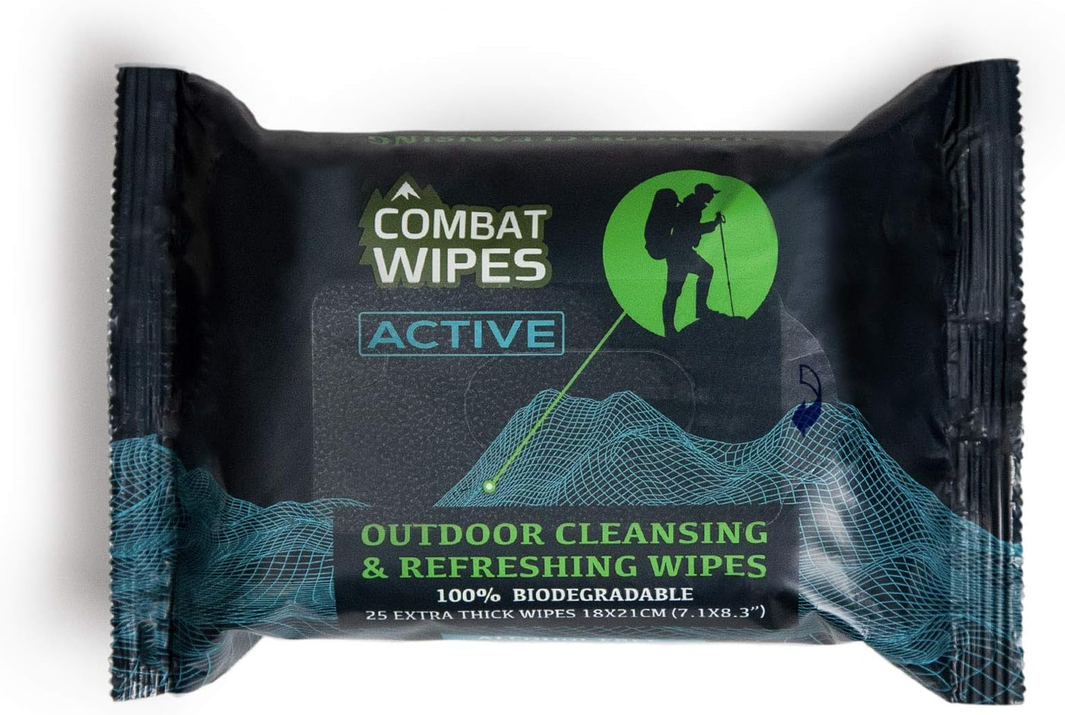 Combat Wipes ACTIVE Outdoor Wet Wipes | Extra Thick, Ultralight, Biodegradable, Body & Hand Cleansing/Refreshing Cloths for Camping, Gym & Backpacking w/Natural Aloe & Vitamin E (25 WIpes)