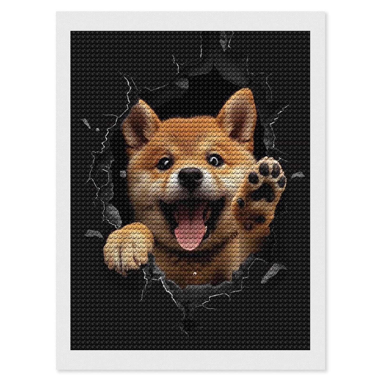 Junmoney Shiba Inu(2) DIY Diamond Art Canvas Kit 12"x16", Adhesive Canvas, Easy to Enjoy, Farmhouse Decor, Festive Craft Gift