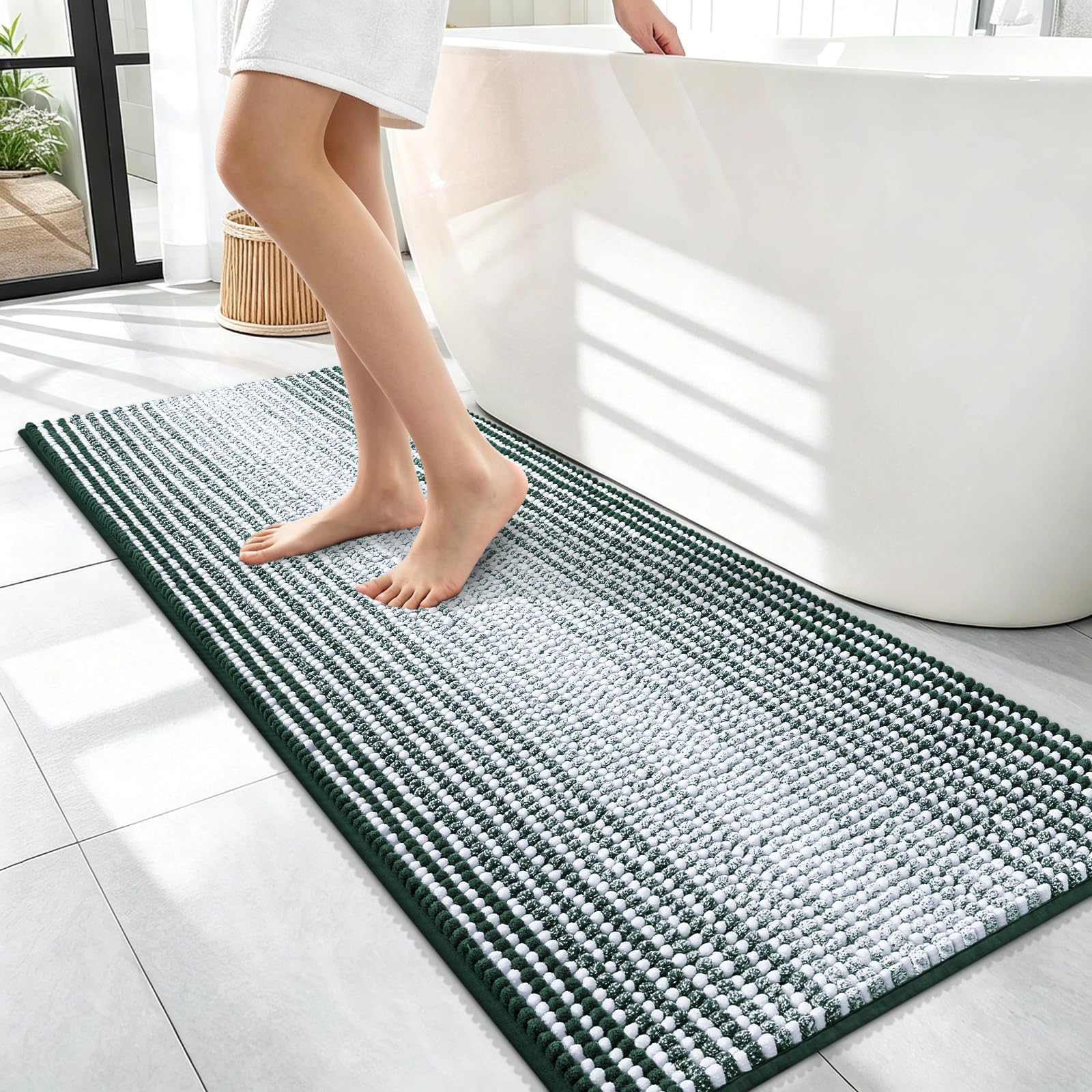 OLANLY Bathroom Runner Rugs 47x17, Soft Chenille Bath Rugs, Blackish Green