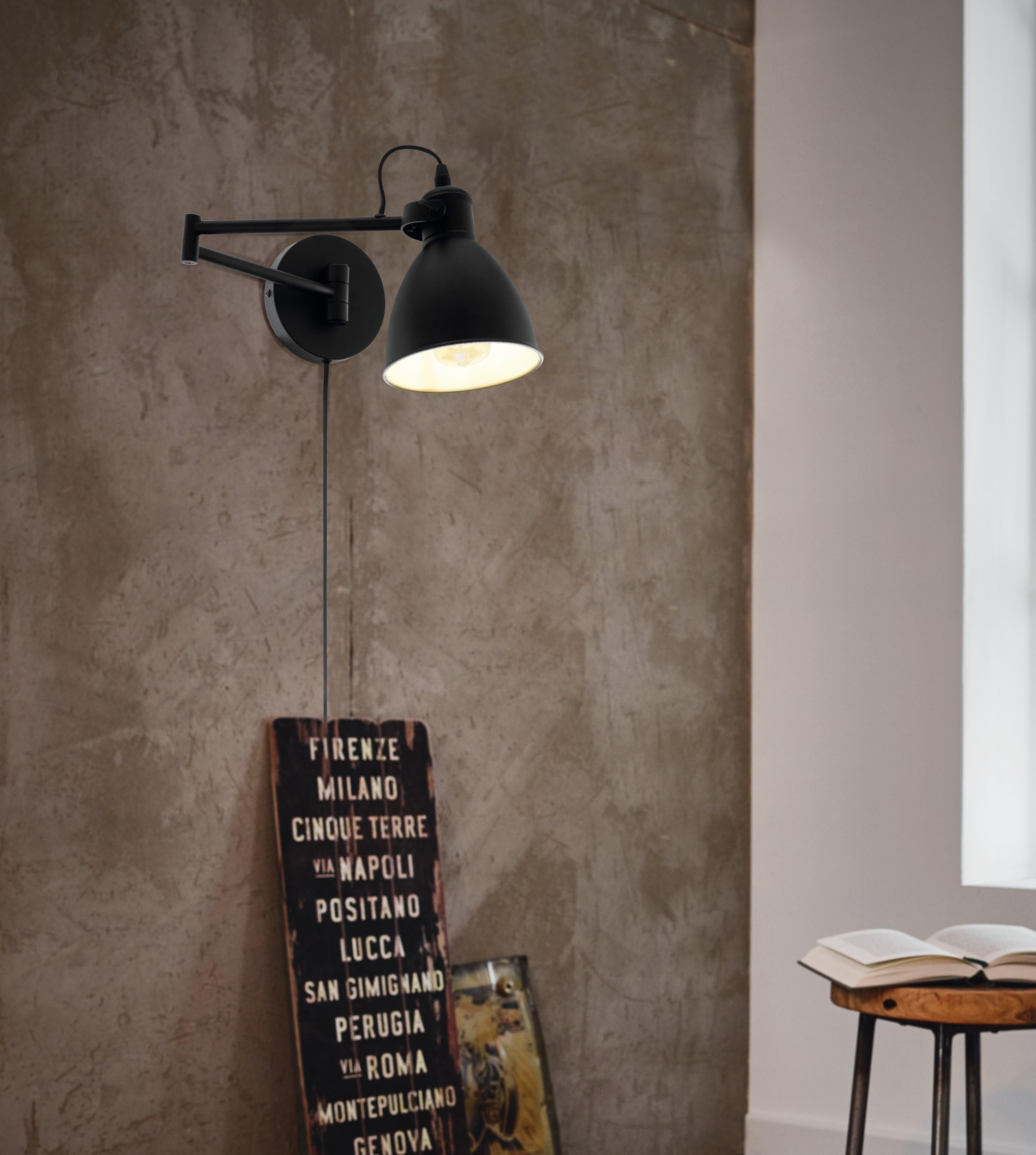 Eglo Lampada da parete San Peri, lampada da soggiorno | vintage e industriale, illuminazione da parete per interni in metallo nero, con interruttore, lampada da camera da letto, E27