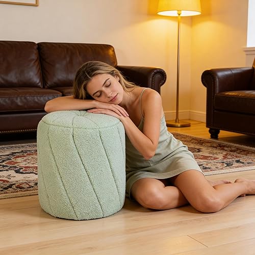 Miniatura 4 de Otomana redonda moderna, otomana con espiral, taburete tapizado de vellón de peluche para maquillaje, dormitorio, sala de estar, verde claro Espiral