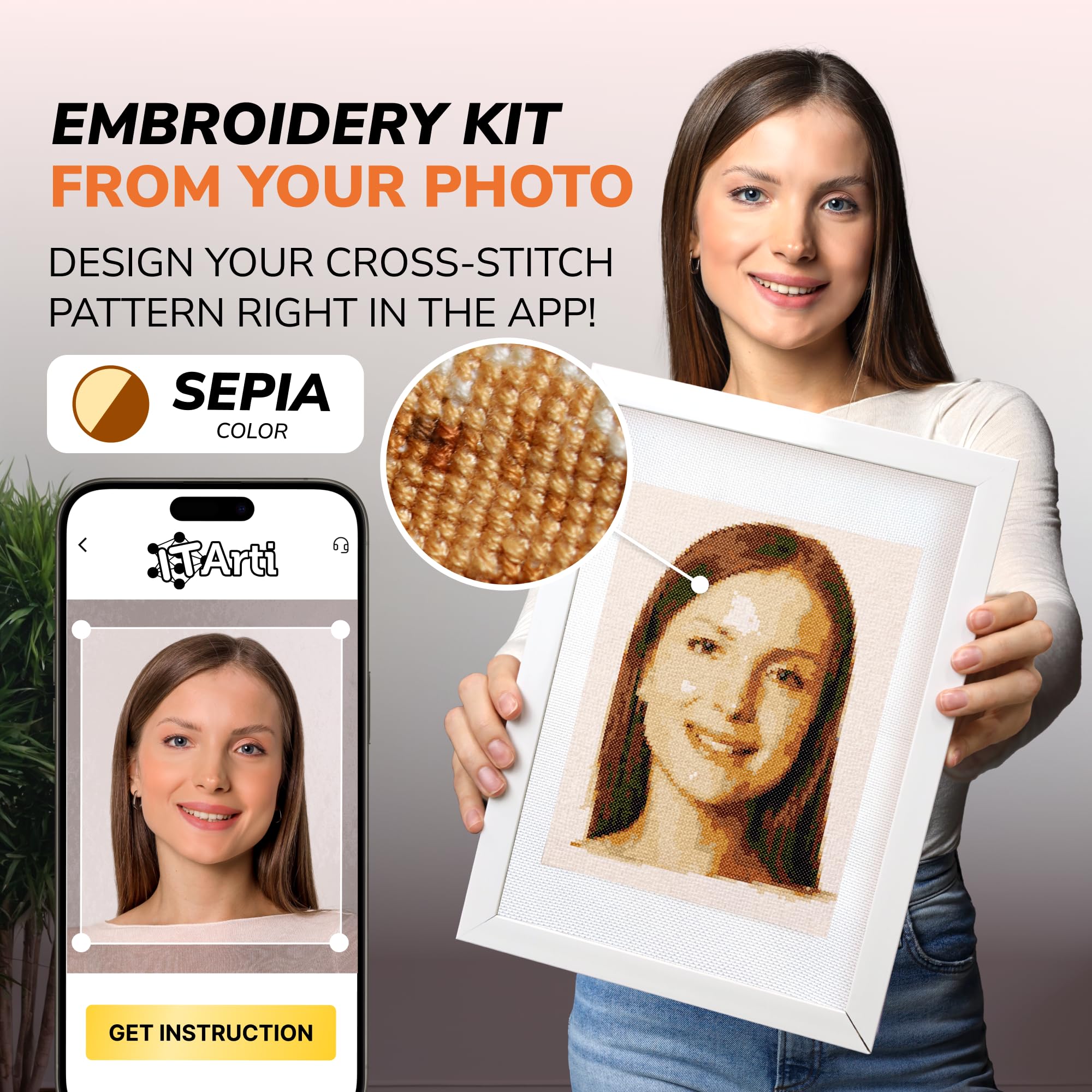 IT Arti Personalized DIY Embroidery Kit - Turn Any Photo Into Cross Stitch Artwork - App Supported Cross Stitch Kits for Beginners Adults - Beginner Embroidery Kit - Counted Embroidery Starter Kit