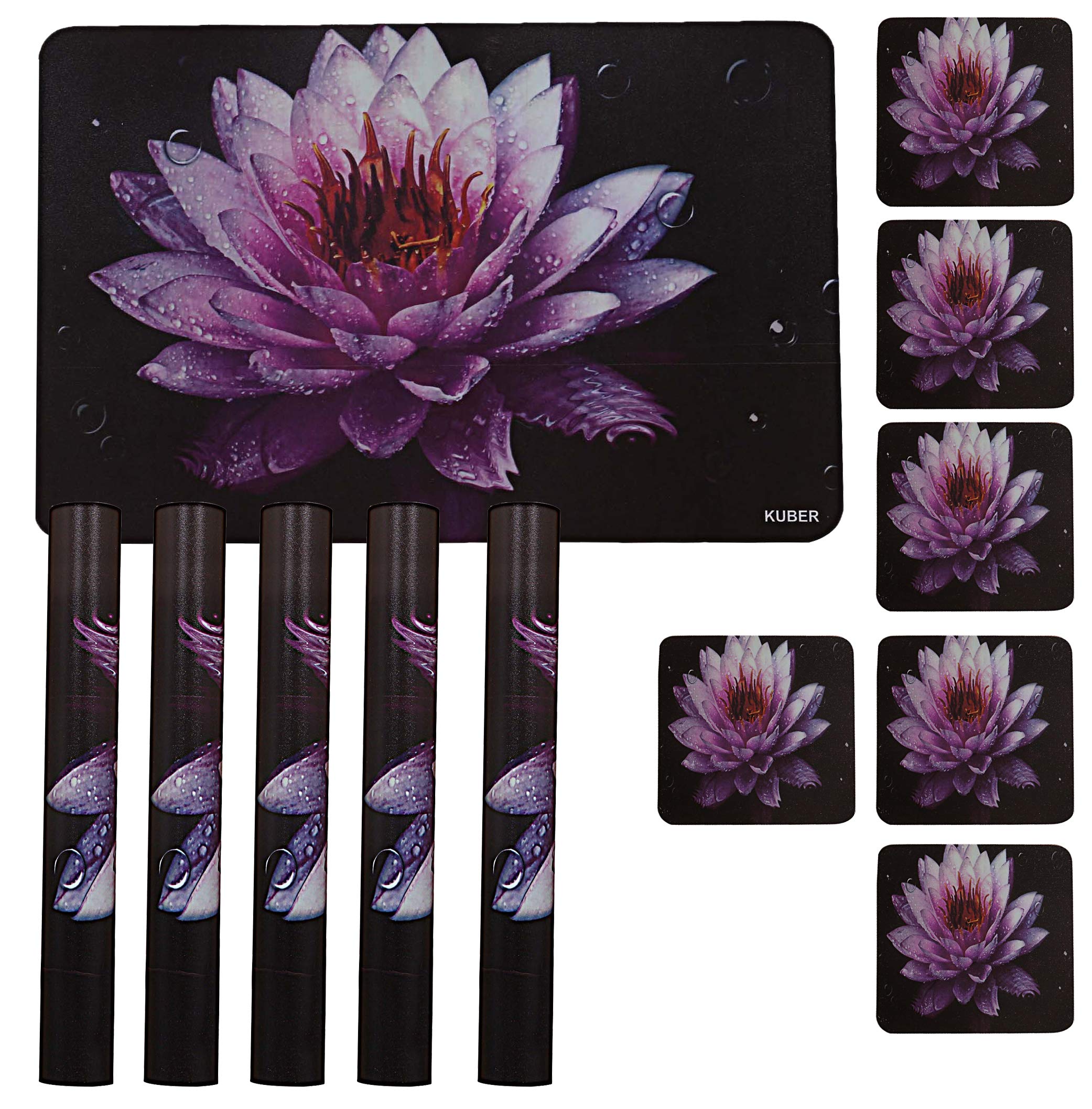 Kuber Industries Lotus Printed PVC 6 Pieces Dining Table Placemat with Tea Coasters Set (Black)-CTKTC030334