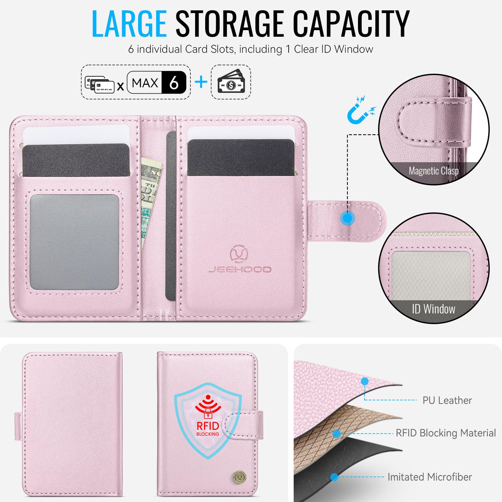 Portafoglio per Magsafe, Porta Carte Cellulare Magnetico, Pelle Wallet con Supporto Porta Carte Portafoglio Magnetico Portafoglio Per iPhone Serie 17/16/15/14/13/12, Funzioni della Staffa - Rosa