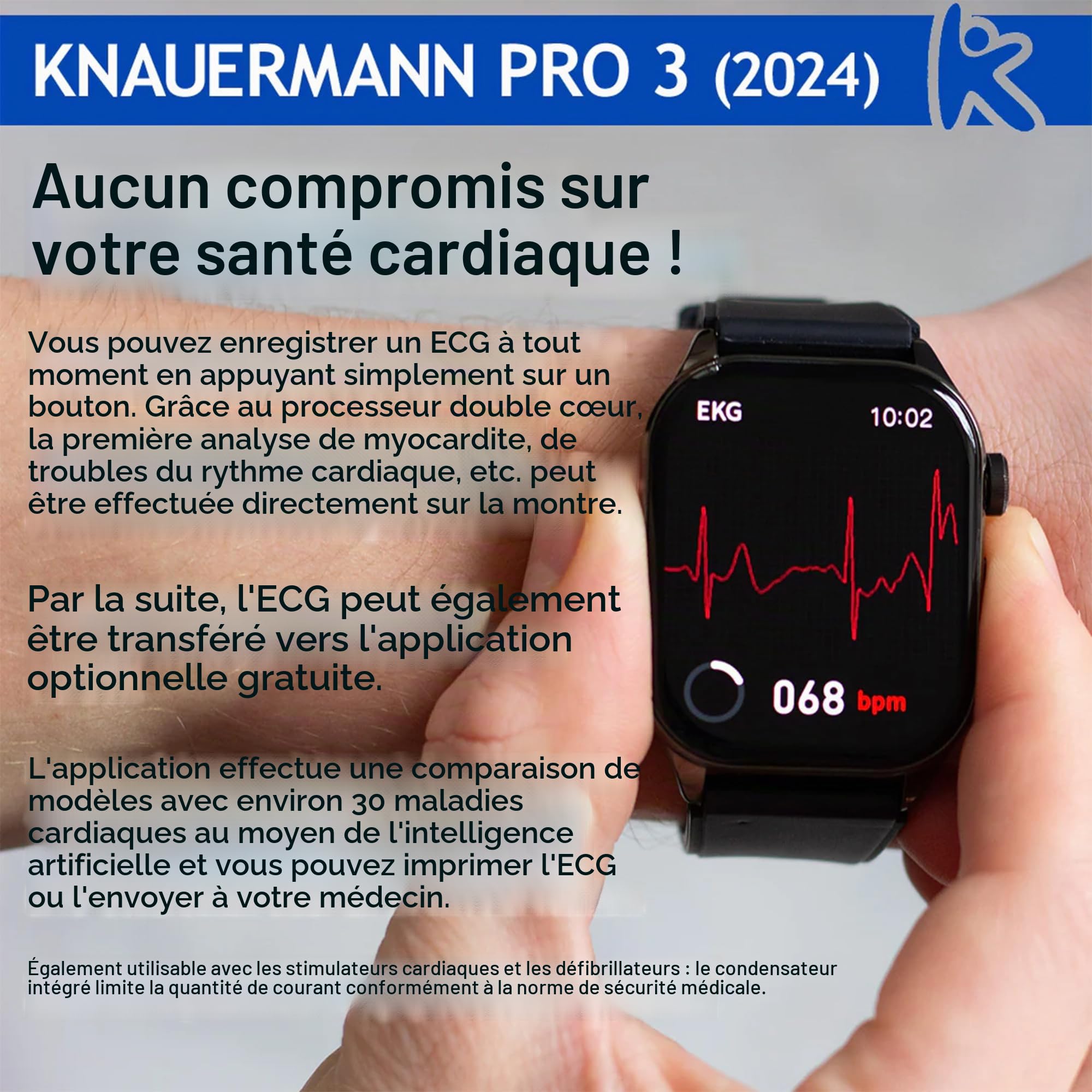 Knauermann Pro 3 (2024) Noir - Montre sanitaire Smartwatch avec Fonction téléphonique - Capteurs OSRAM - Fonction ECG + HRV - BT Bluetooth - Apnée du Sommeil - Pression artérielle - Bracelet en