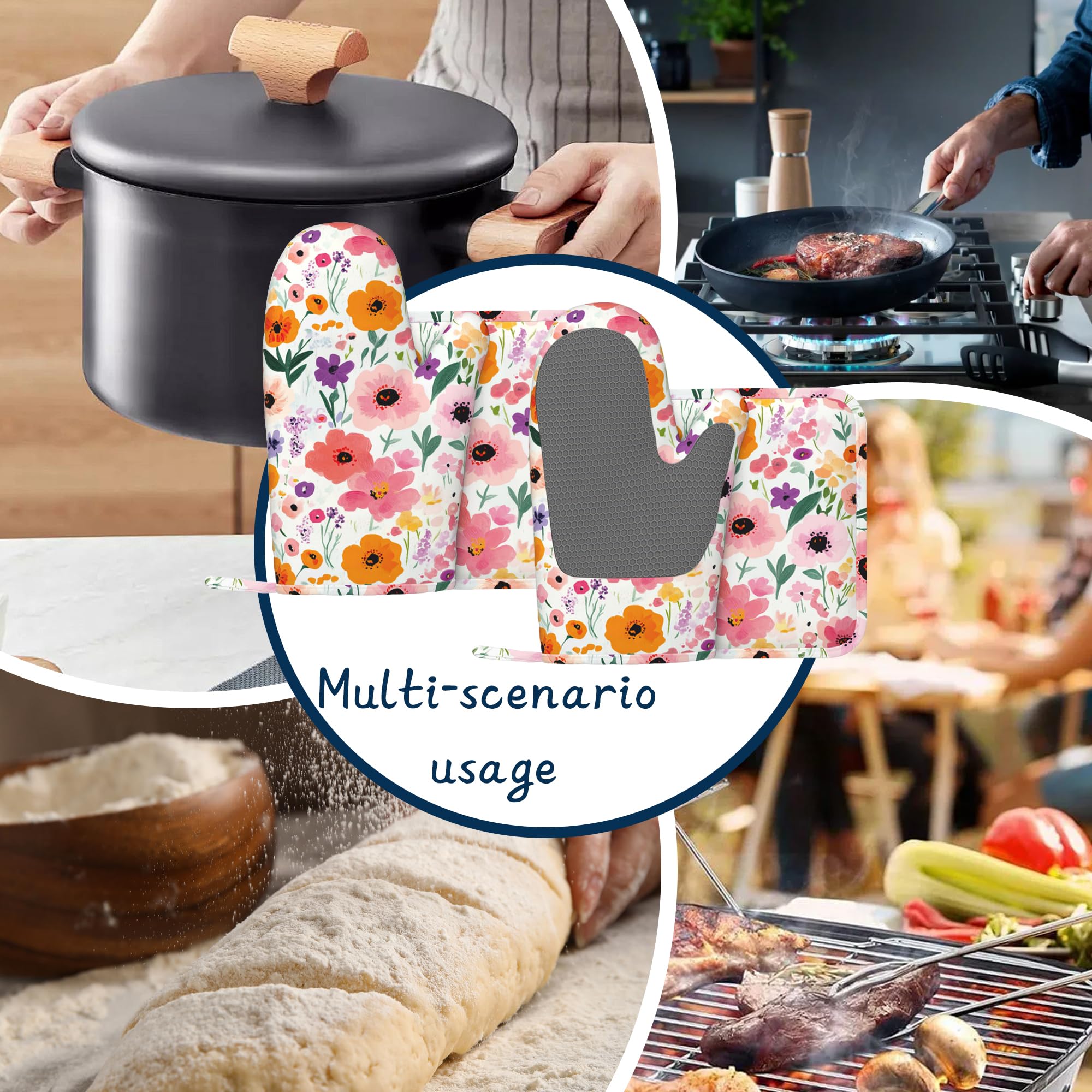 Juego de manoplas de horno y soportes para ollas, manoplas de cocina florales de acuarela extralargas para cocinar, de algodón grueso resistente al calor, utensilios de cocina de silicona para hornear