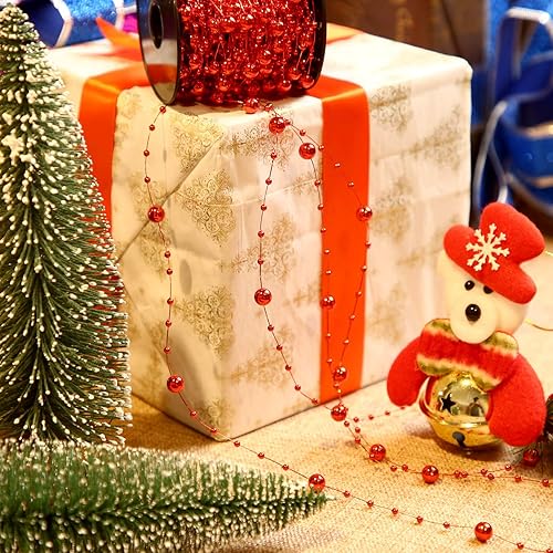 Miniatura 4 de Pangda Guirnalda de cuentas de árbol de Navidad de 65.6 pies, cadena de hilos de perlas de plástico para decoración de bodas de Navidad (rojo)