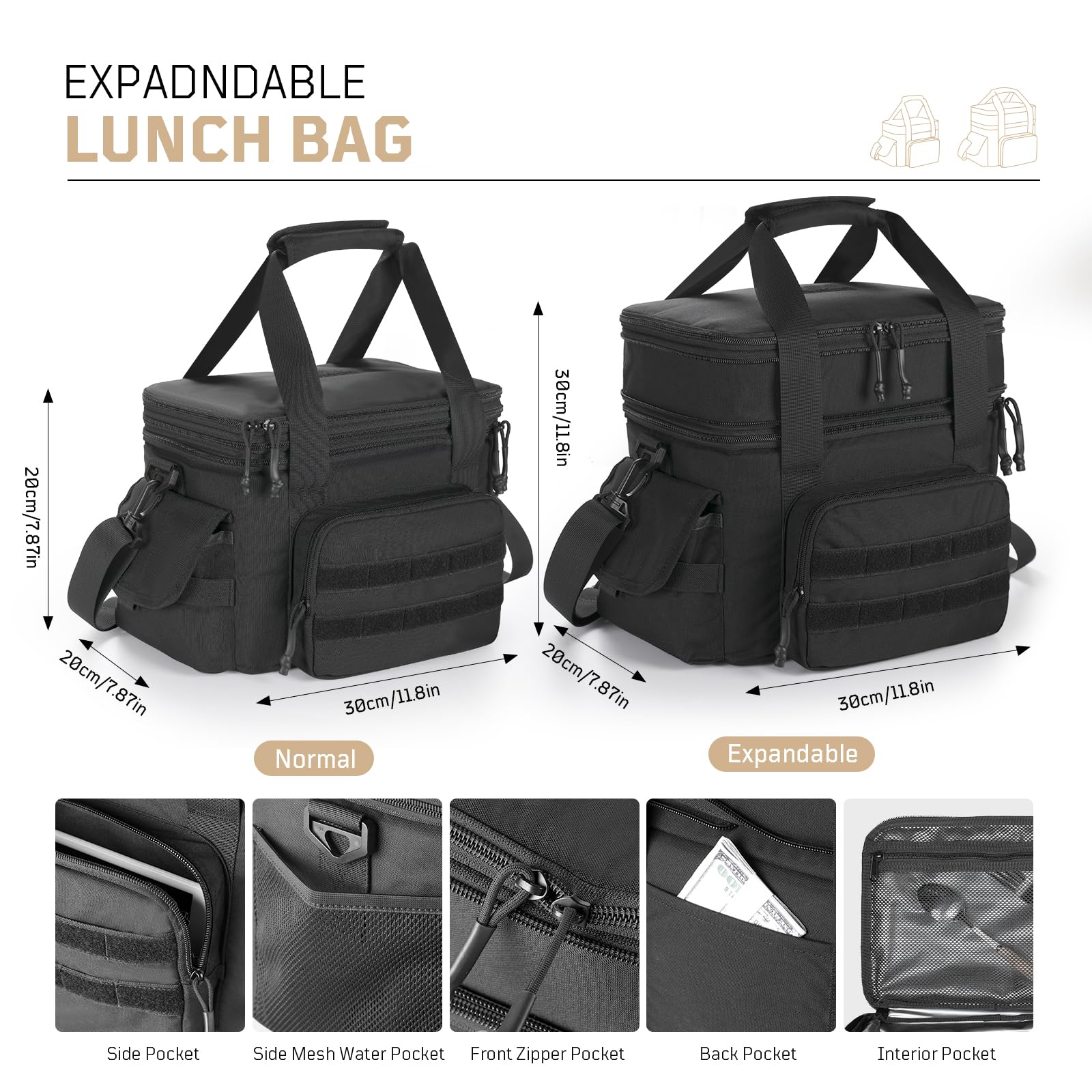 1TG Tactical Insulated Lunch Bag, Expandable Lunch Box for Men, Leakproof Large Cool Bag with Shoulder Stap, Reusable Lunch Tote Bag for Work Travel Camping Picnic Beach, 18L-24L