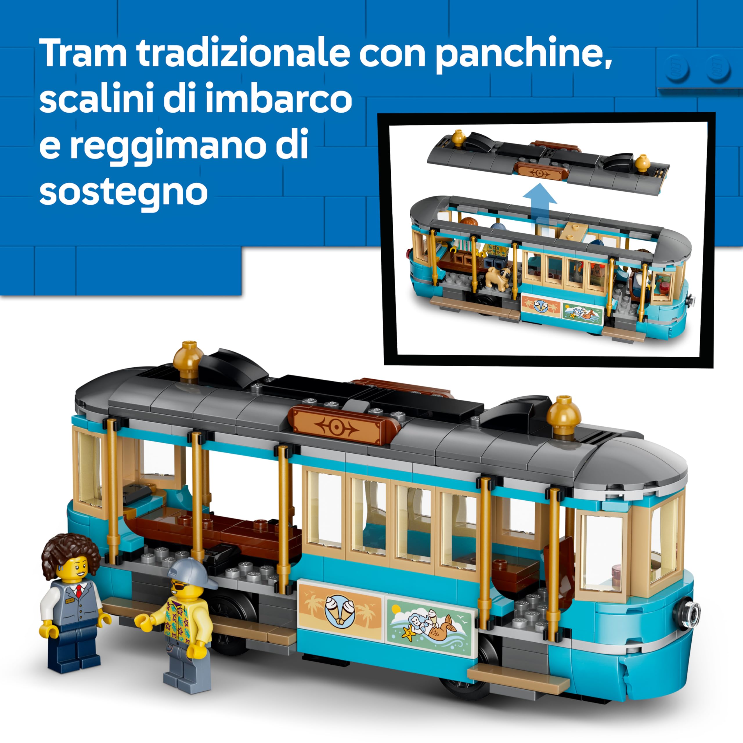 LEGO City Classic Tram Classico della Spiaggia - Treno Giocattolo con Binari, Scena di Strada, 5 Minifigure e 5 Figure di Animali - Idea Regalo di Compleanno per Bambini da 7 Anni in su - 60506