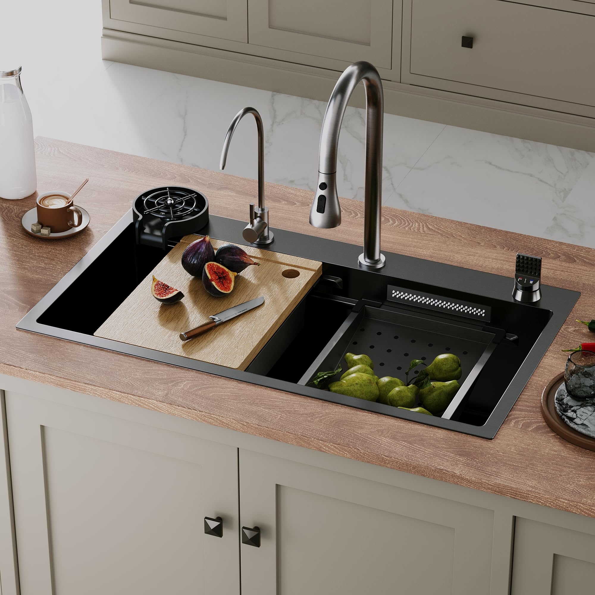 Sirhona - Fregadero de cocina multifunción, 80 x 45 cm, con grifo retráctil, bandeja de goteo + cesta de goteo + enjuague de vidrio+tabla de cortar, fregadero de cocina, accesorios de fregadero