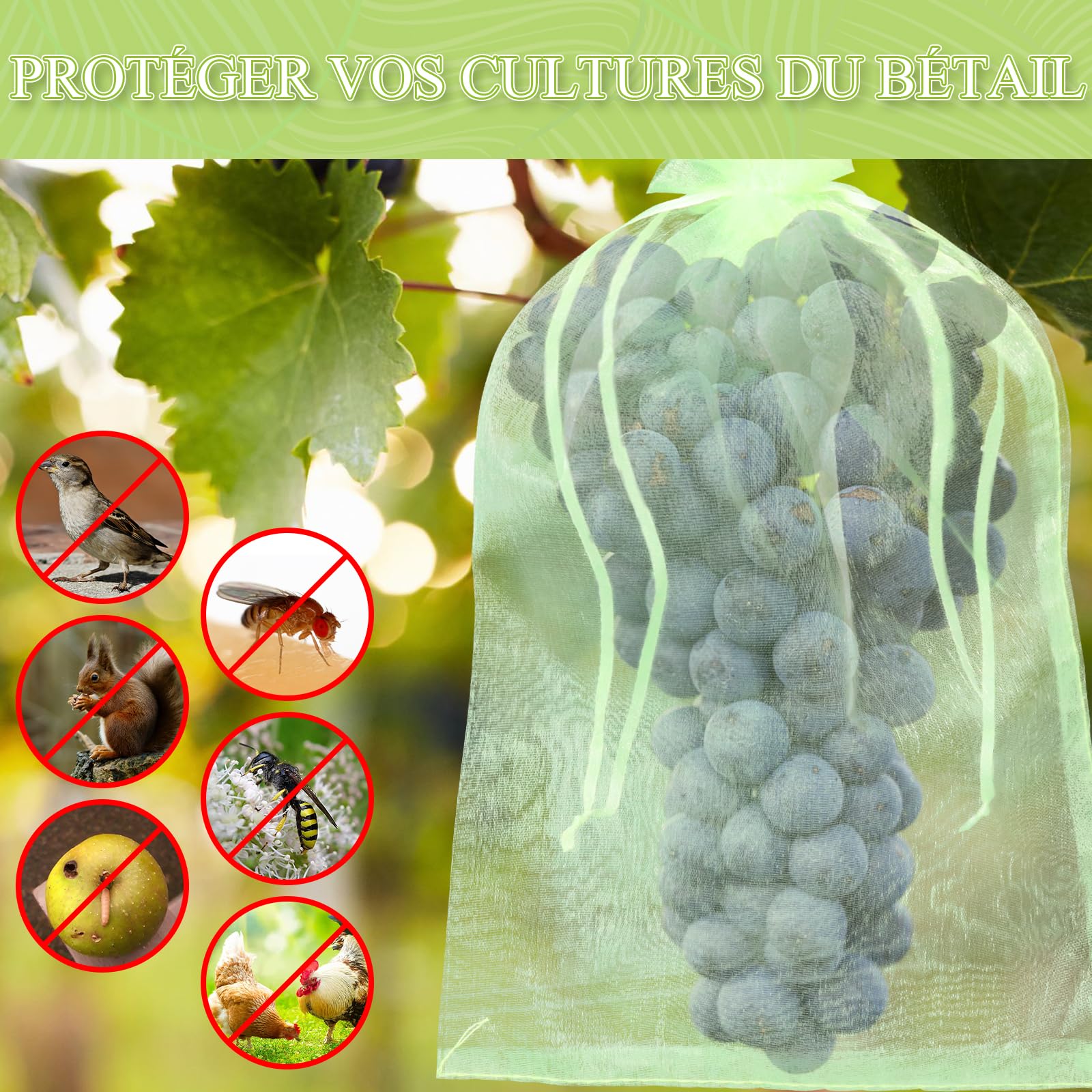 Sachet Protection Fruits Organza Vert Respirant à Cordon de Serrage 20x15cm 120 Pièces